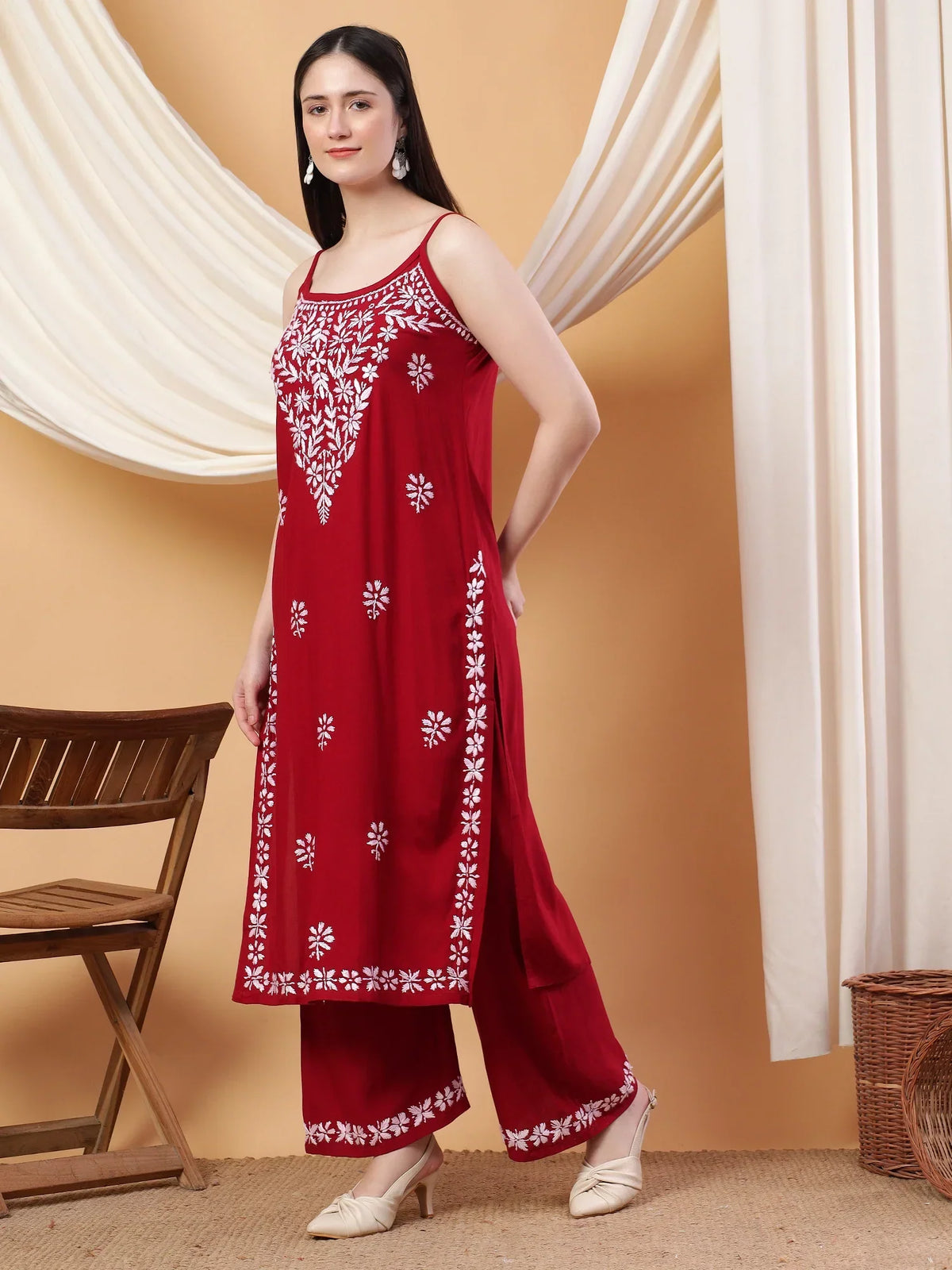 Raha Chikankari Strappy Rayon Co-ord Set (Maroon)