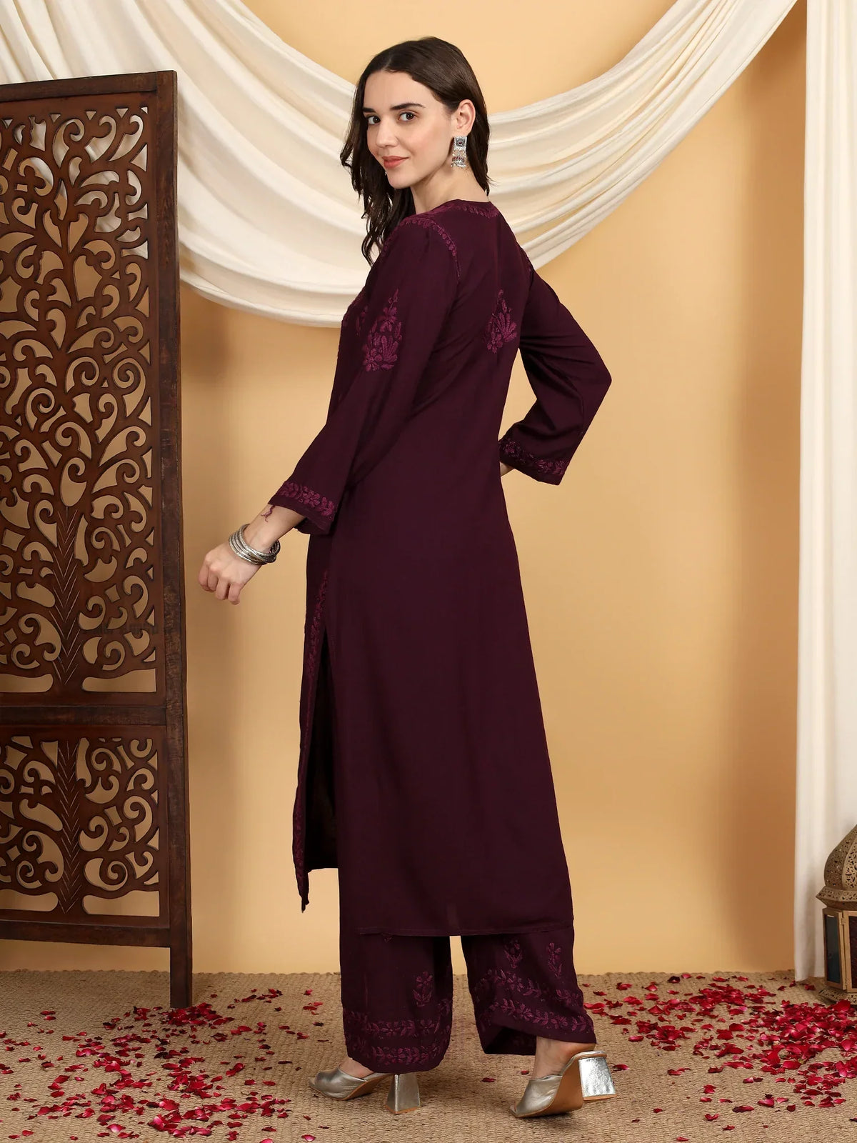 Faiza Chikankari Rayon Co-ord Set (Wine)