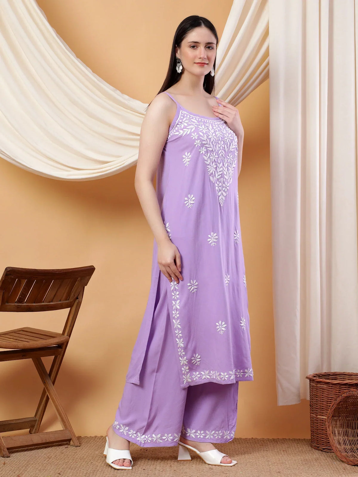 Raha Chikankari Strappy Rayon Co-ord Set (Lilac)