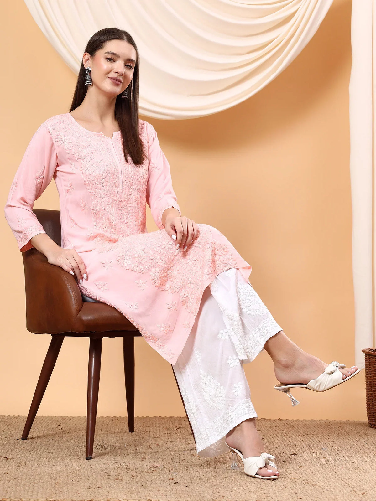 Alina Chikankari Modal Straight Kurta (Pastel Peach)