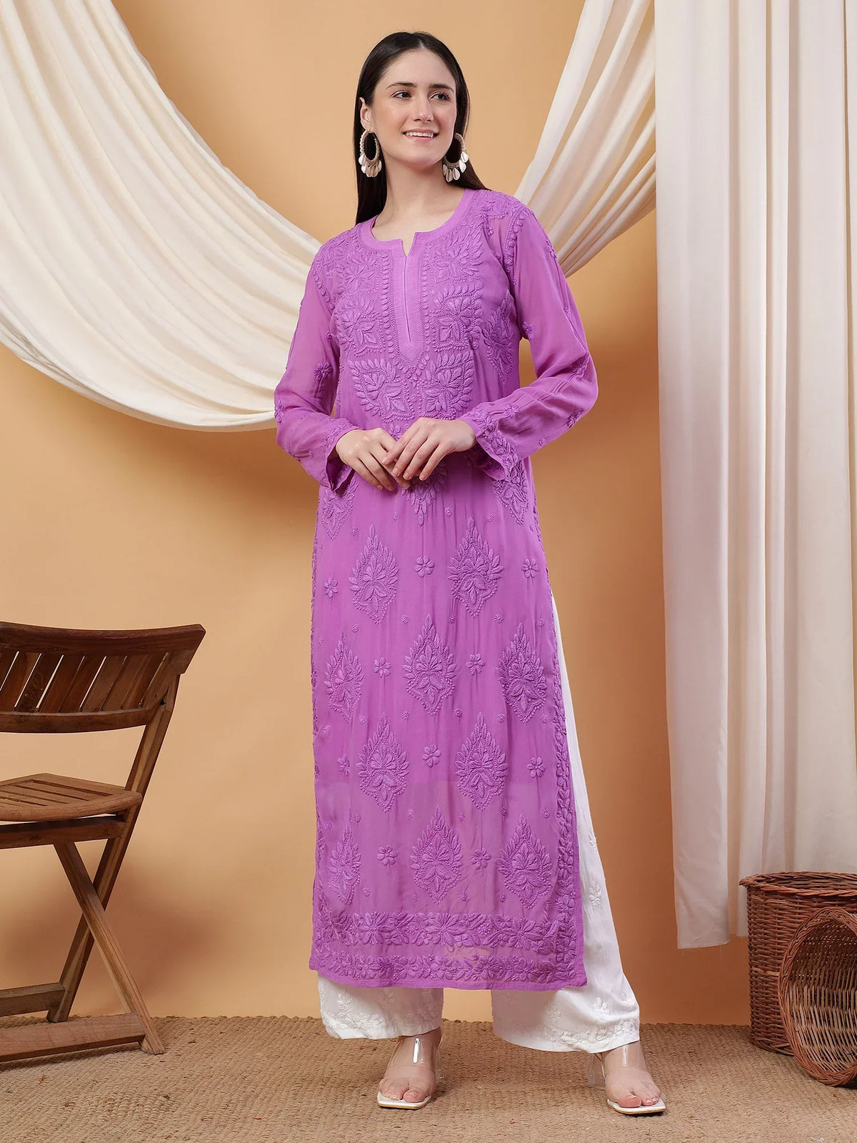 Dua Premium Viscose 3D Chikankari Straight Kurta (Lilac)