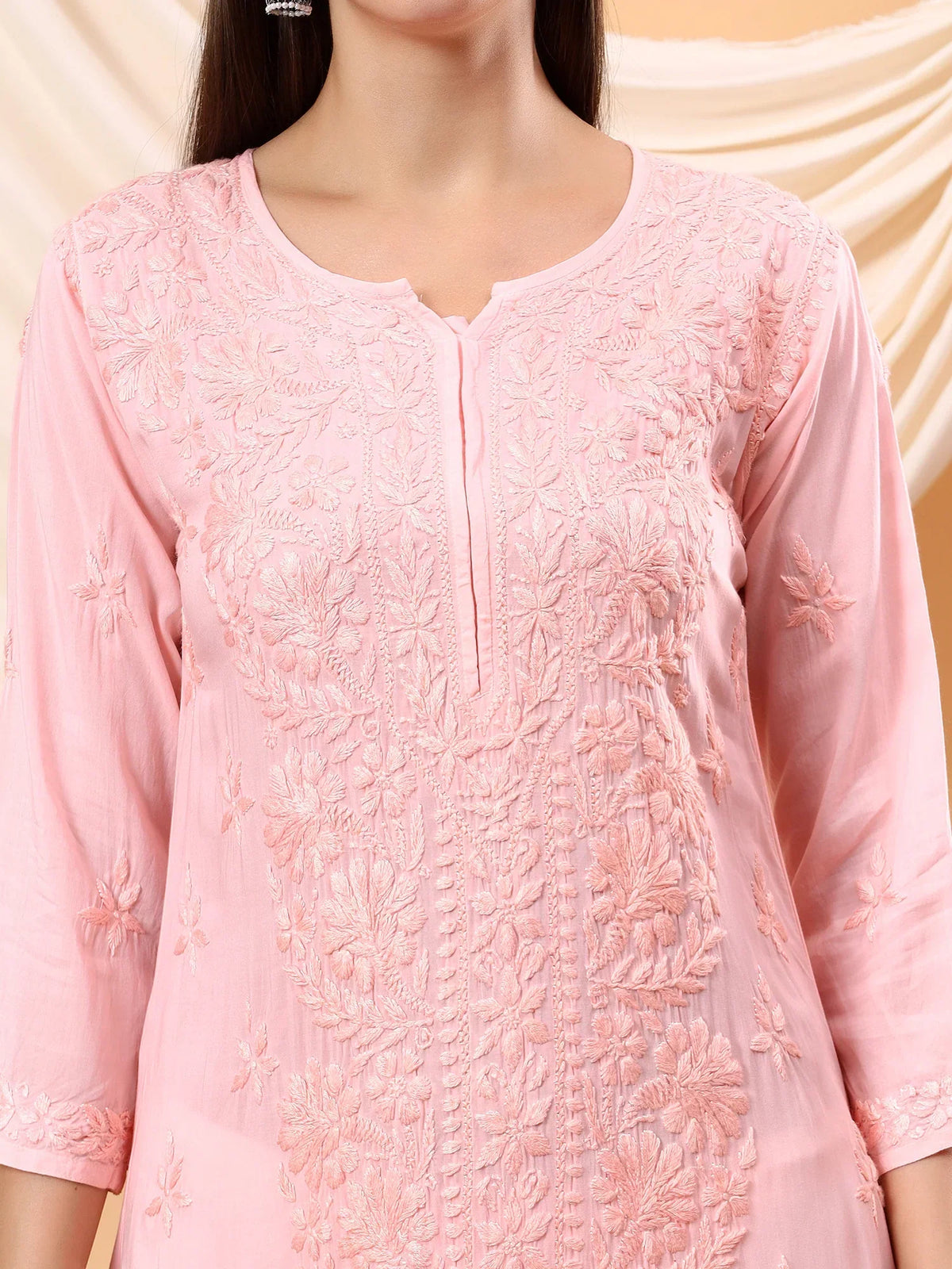 Alina Chikankari Modal Straight Kurta (Pastel Peach)
