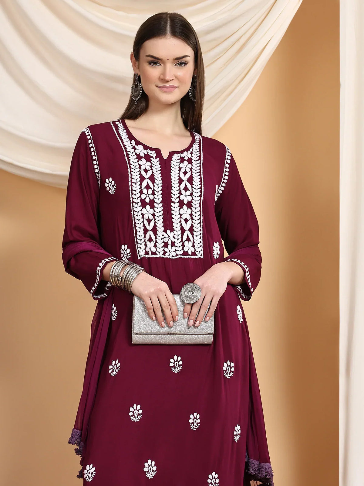 Shiza Chikankari Premium Modal Co-ord Set (Wine)