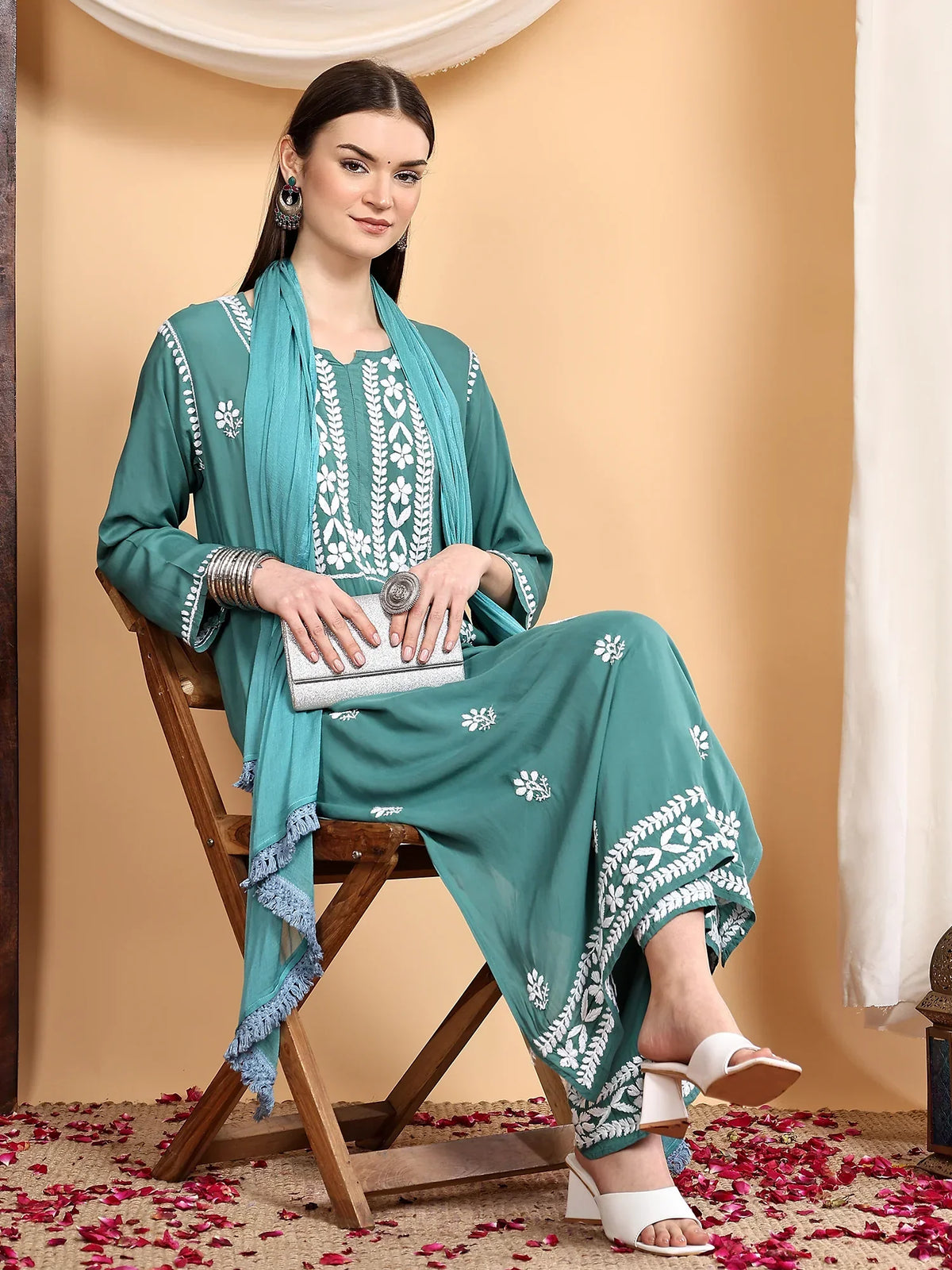 Shiza Chikankari Premium Modal Co-ord Set (Spanish Green)