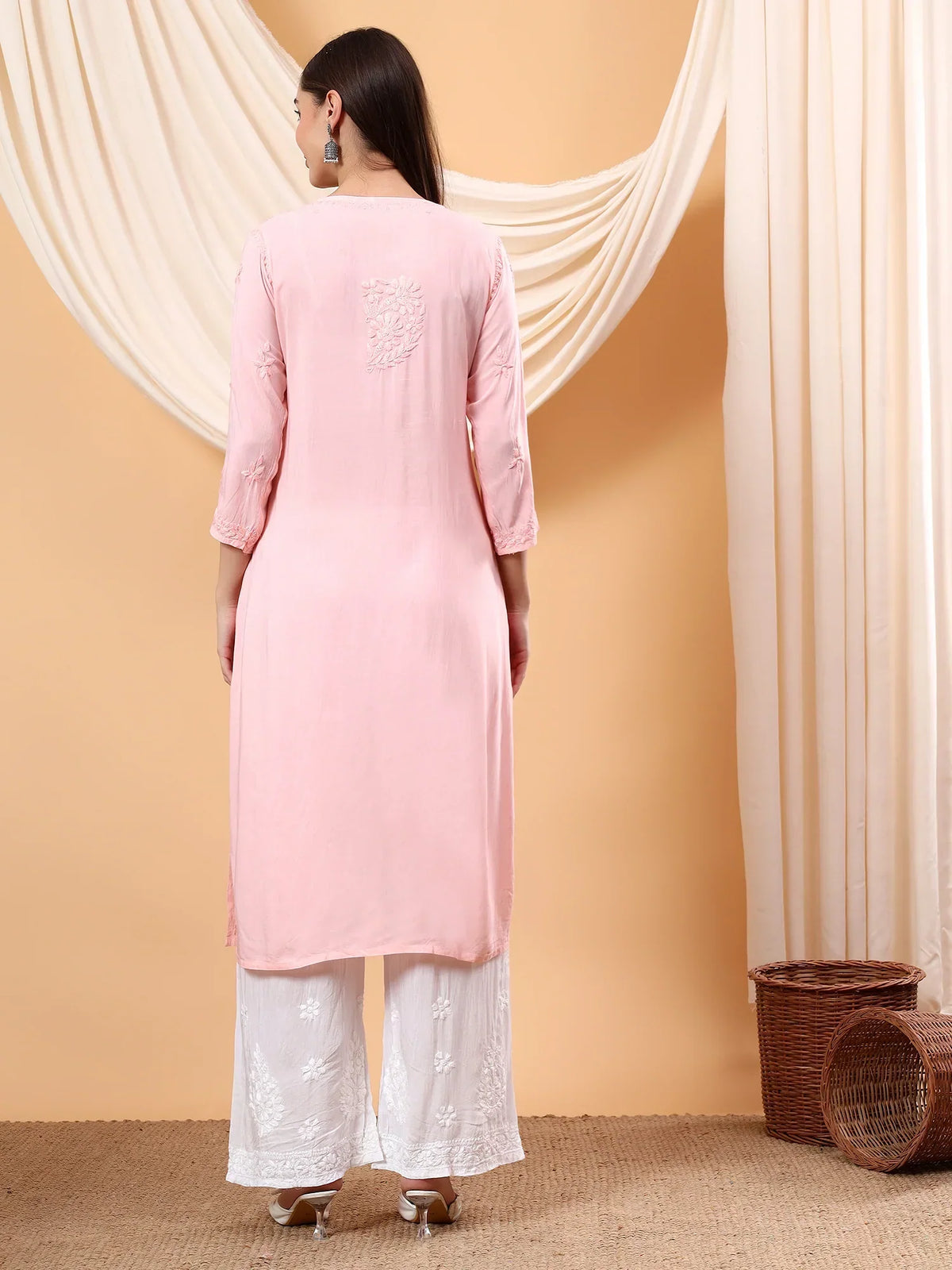 Alina Chikankari Modal Straight Kurta (Pastel Peach)