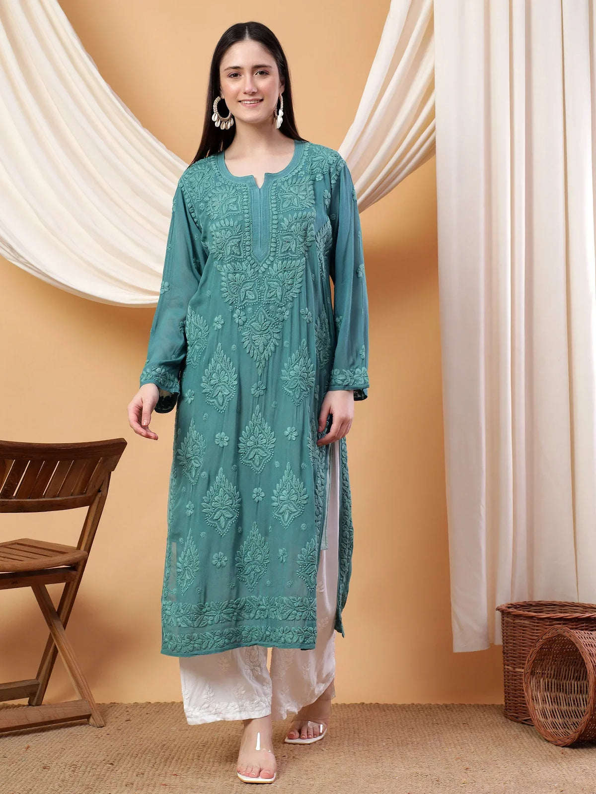 Dua Premium Viscose 3D Chikankari Straight Kurta (Green)
