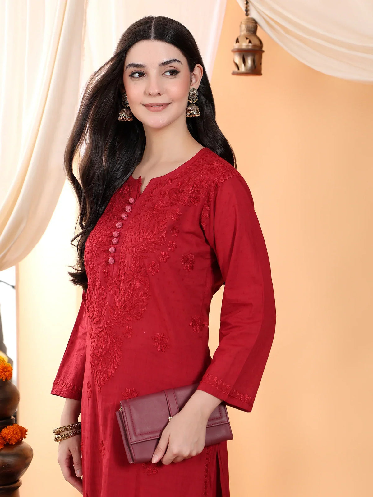 Priya Chikankari Kurta Palazzo Cotton Co-ord Set (Maroon)