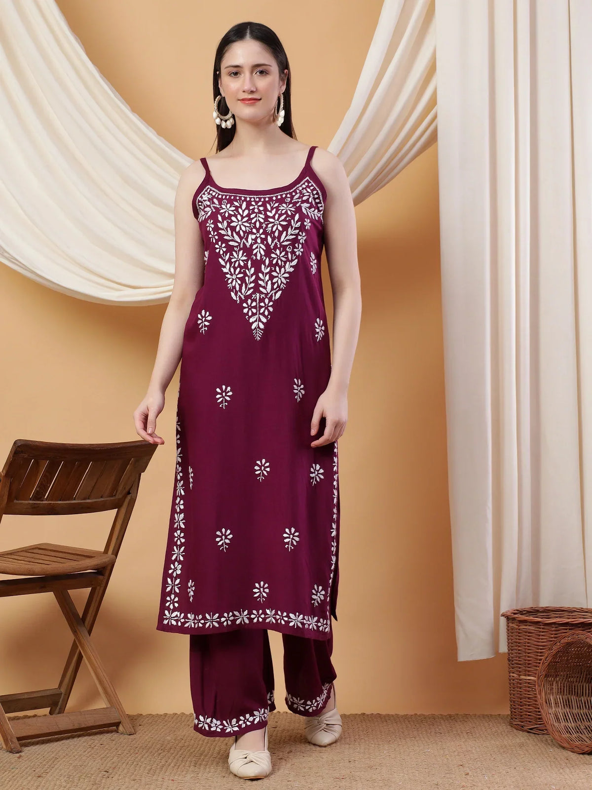 Raha Chikankari Strappy Rayon Co-ord Set (Wine)