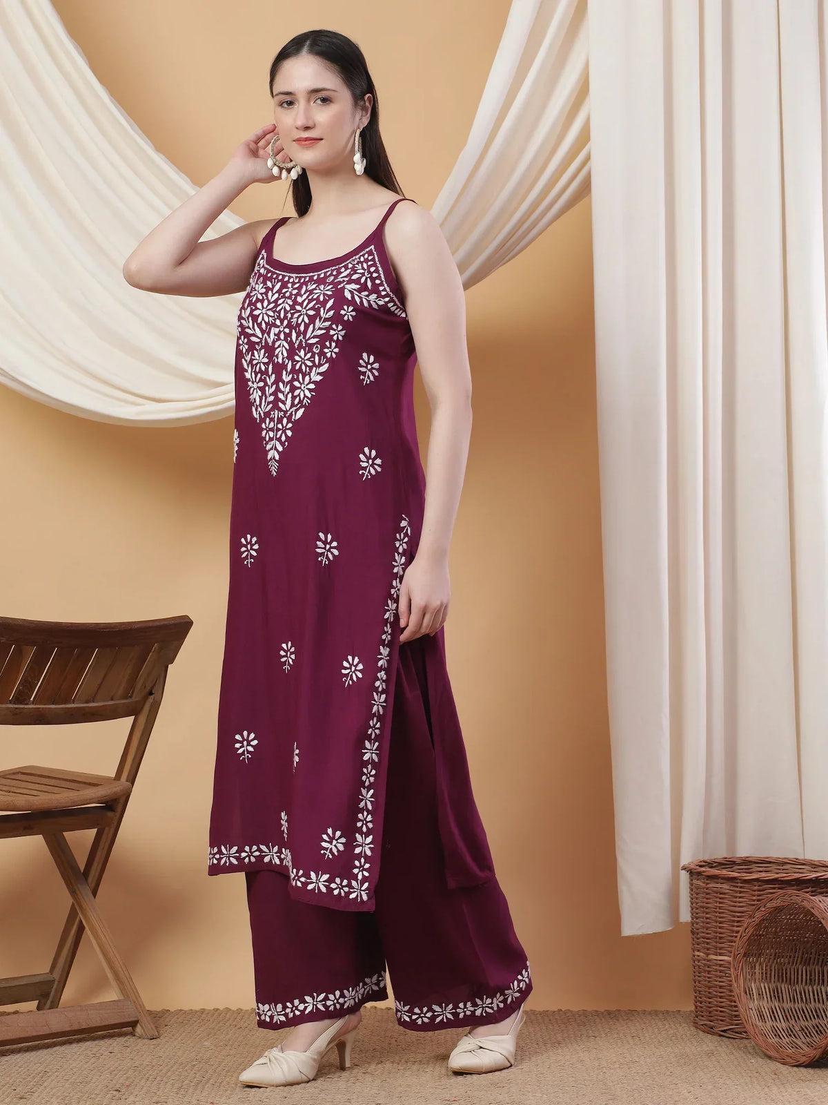 Raha Chikankari Strappy Rayon Co-ord Set (Wine)