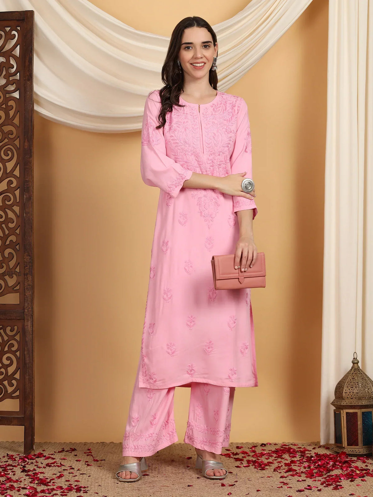 Faiza Chikankari Rayon Co-ord Set (Baby Pink)