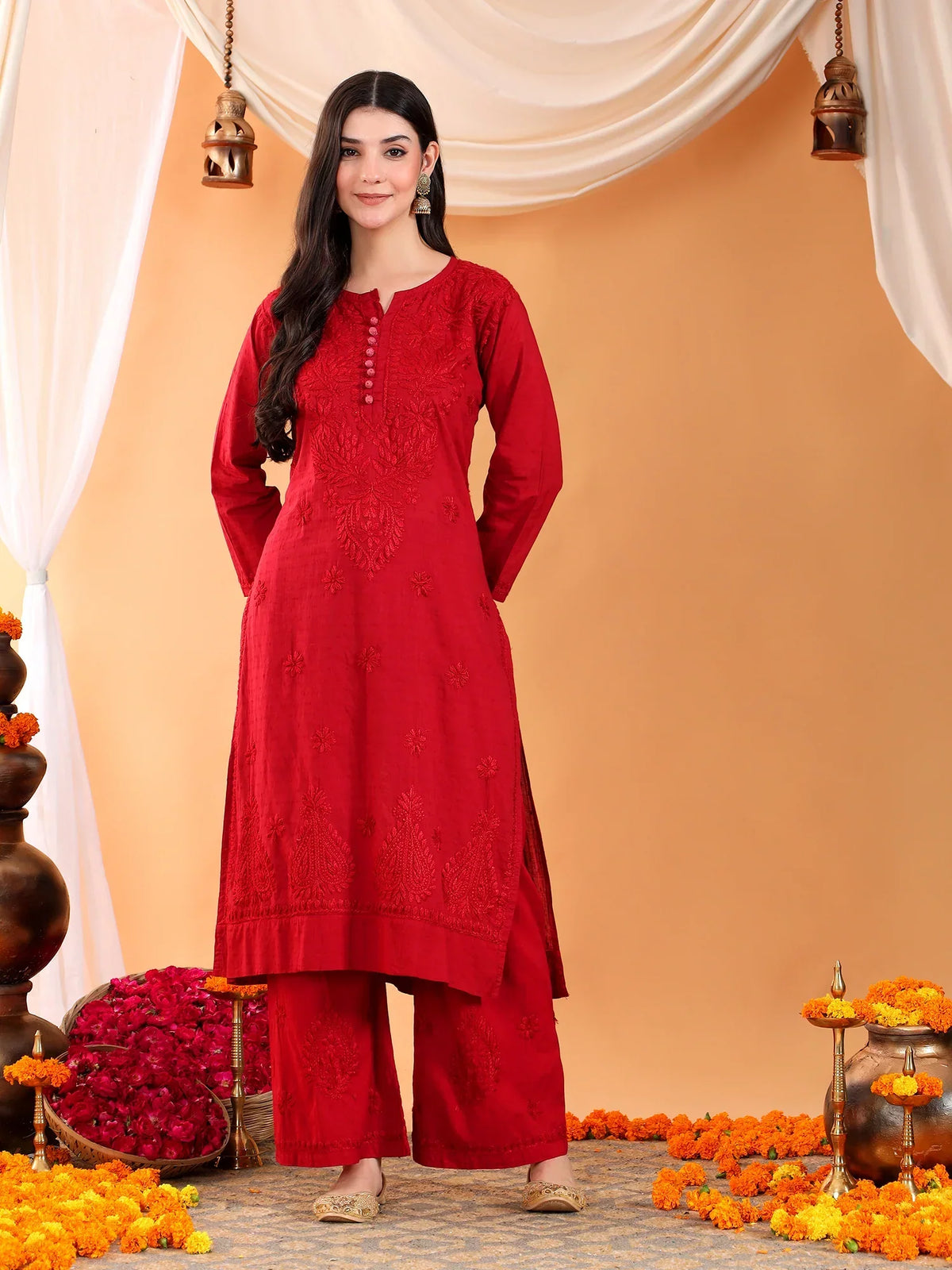 Priya Chikankari Kurta Palazzo Cotton Co-ord Set (Maroon)