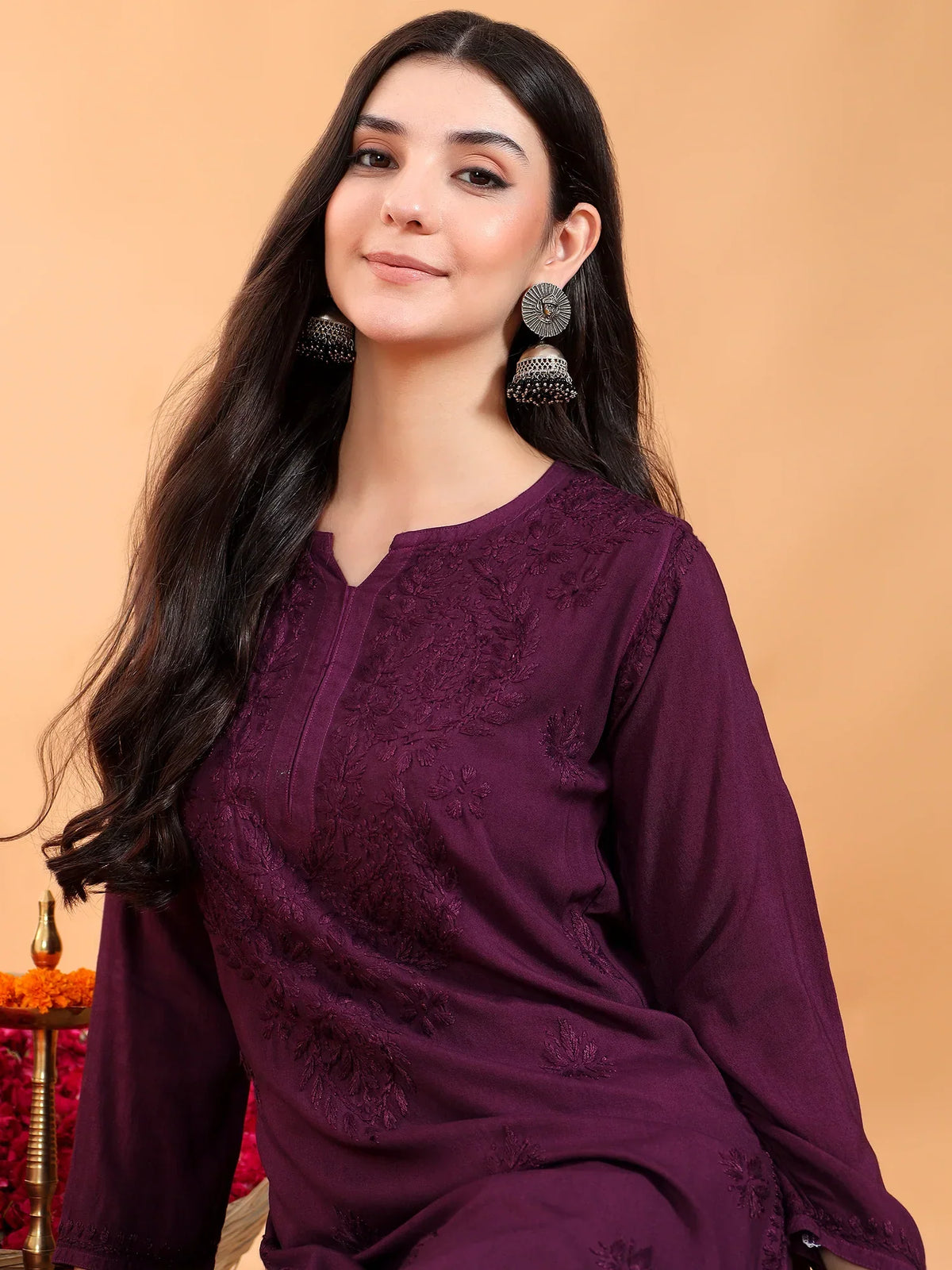 Maryam Chikankari Rayon Co-ord Set (Wine)