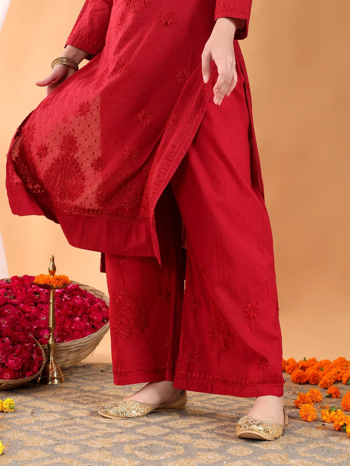 Priya Chikankari Kurta Palazzo Cotton Co-ord Set (Maroon)