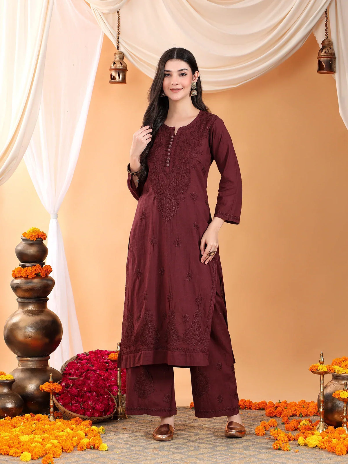 Priya Chikankari Kurta Palazzo Cotton Co-ord Set (Brown)