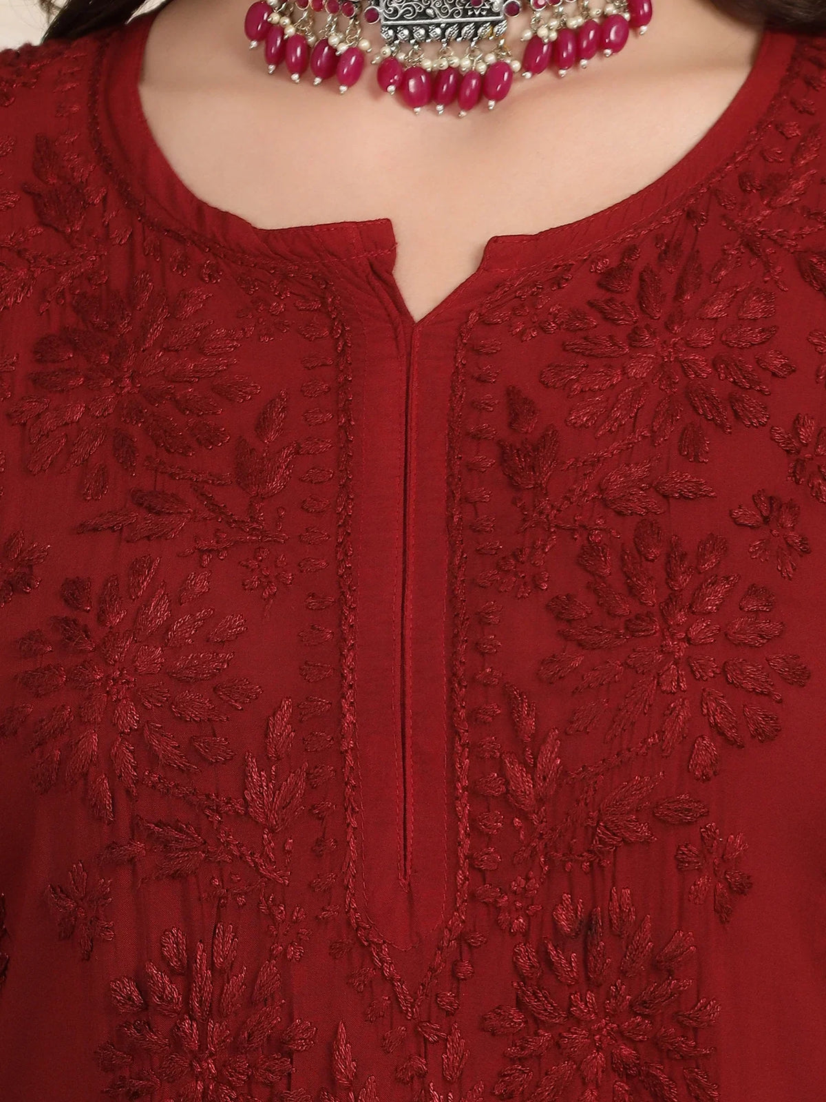 Farha Chikankari Premium Modal Co-ord Set (Maroon)