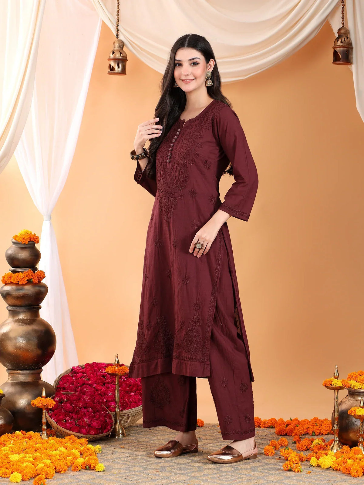 Priya Chikankari Kurta Palazzo Cotton Co-ord Set (Brown)