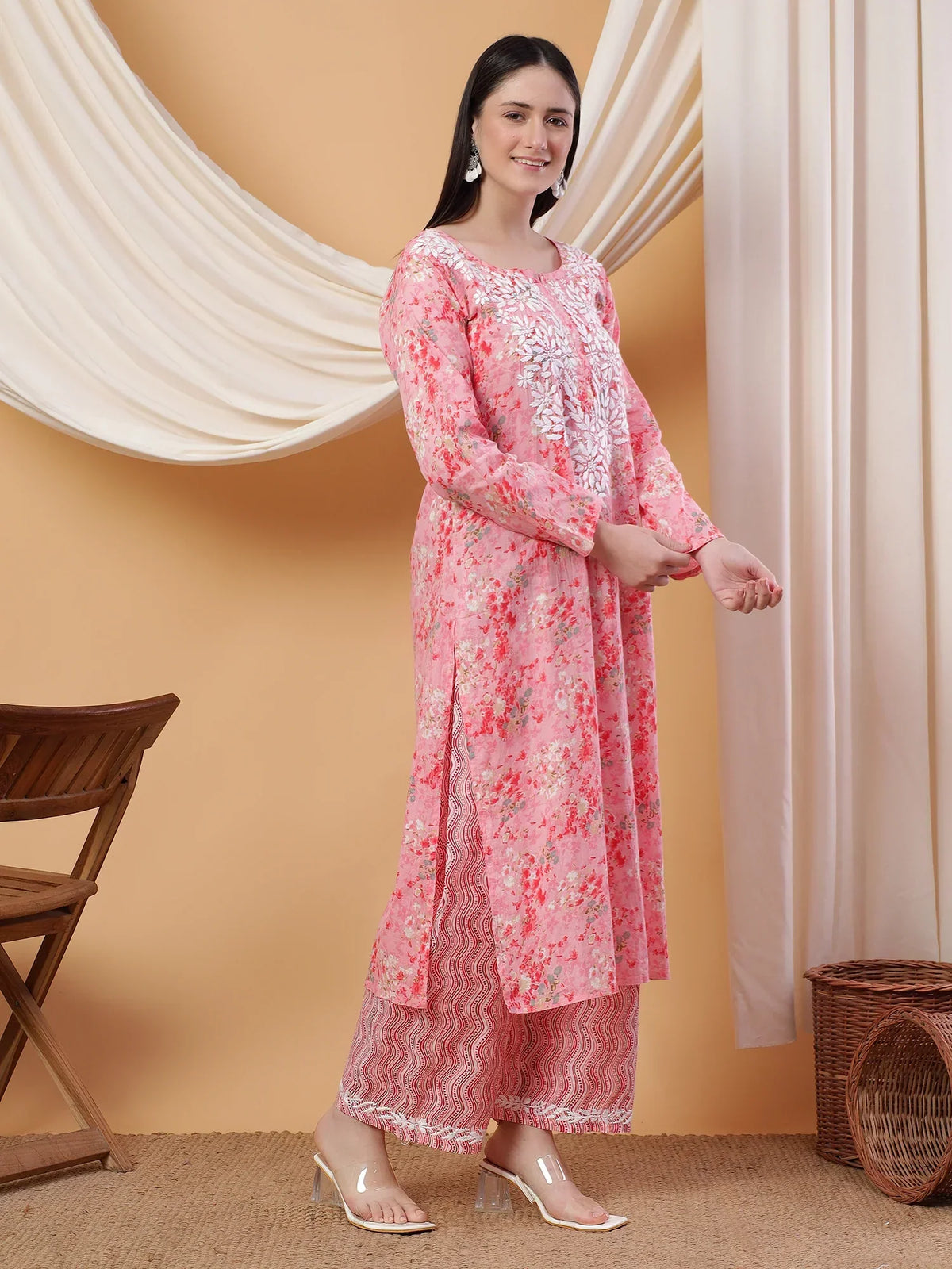 Anika Chikankari Mulmul Co-ord Set (Red)