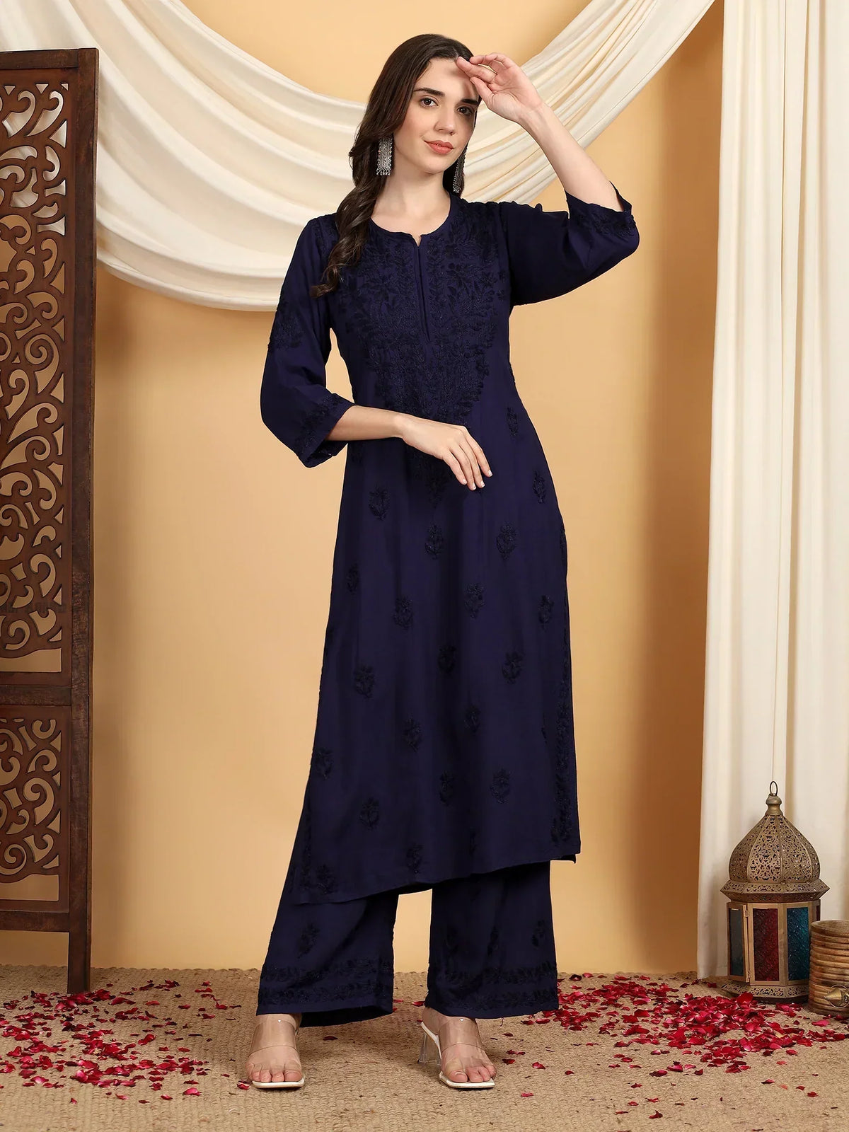 Faiza Chikankari Rayon Co-ord Set (Navy)