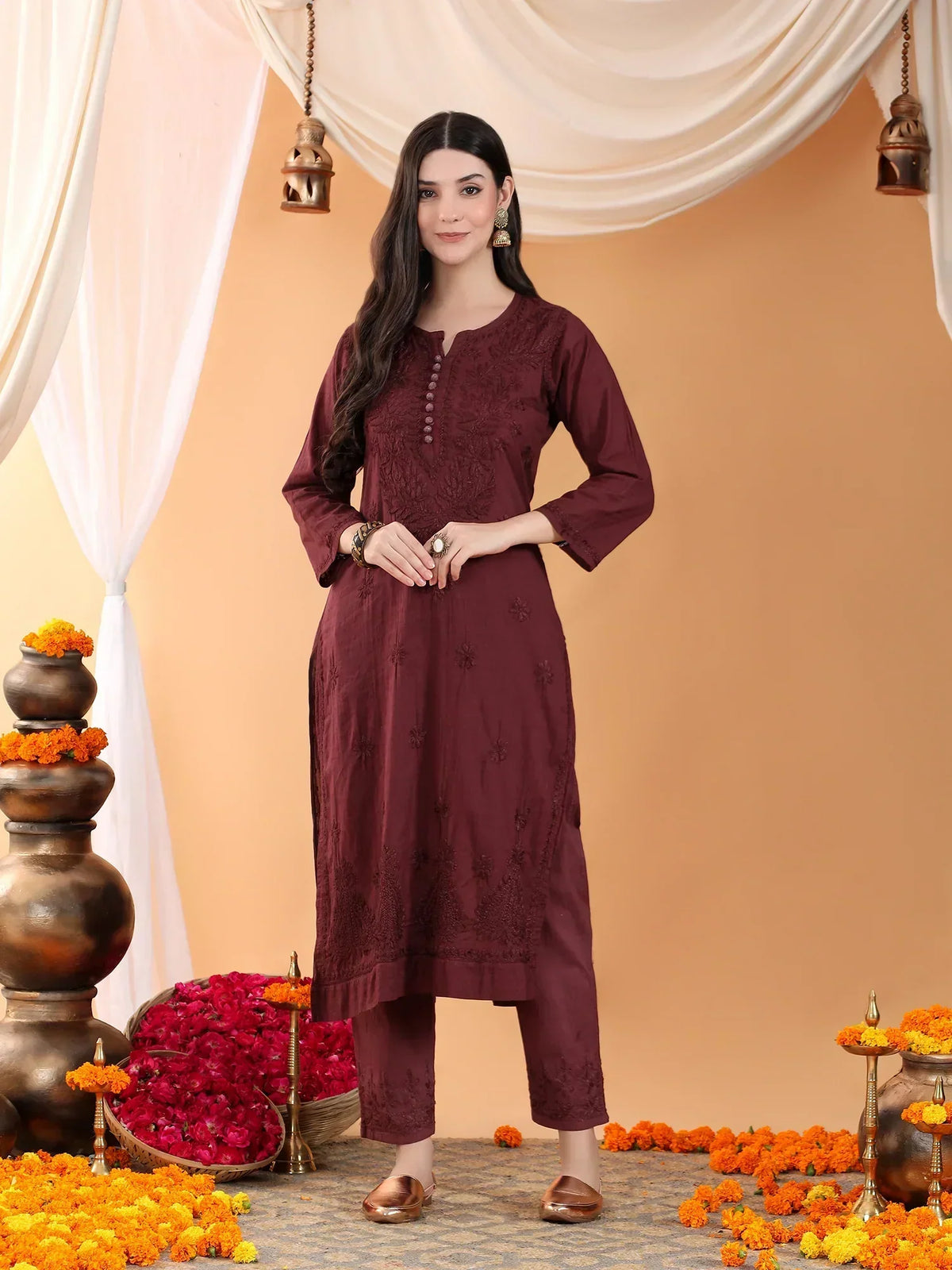 Ananya Chikankari Kurta Pant Cotton Co-ord Set (Brown)