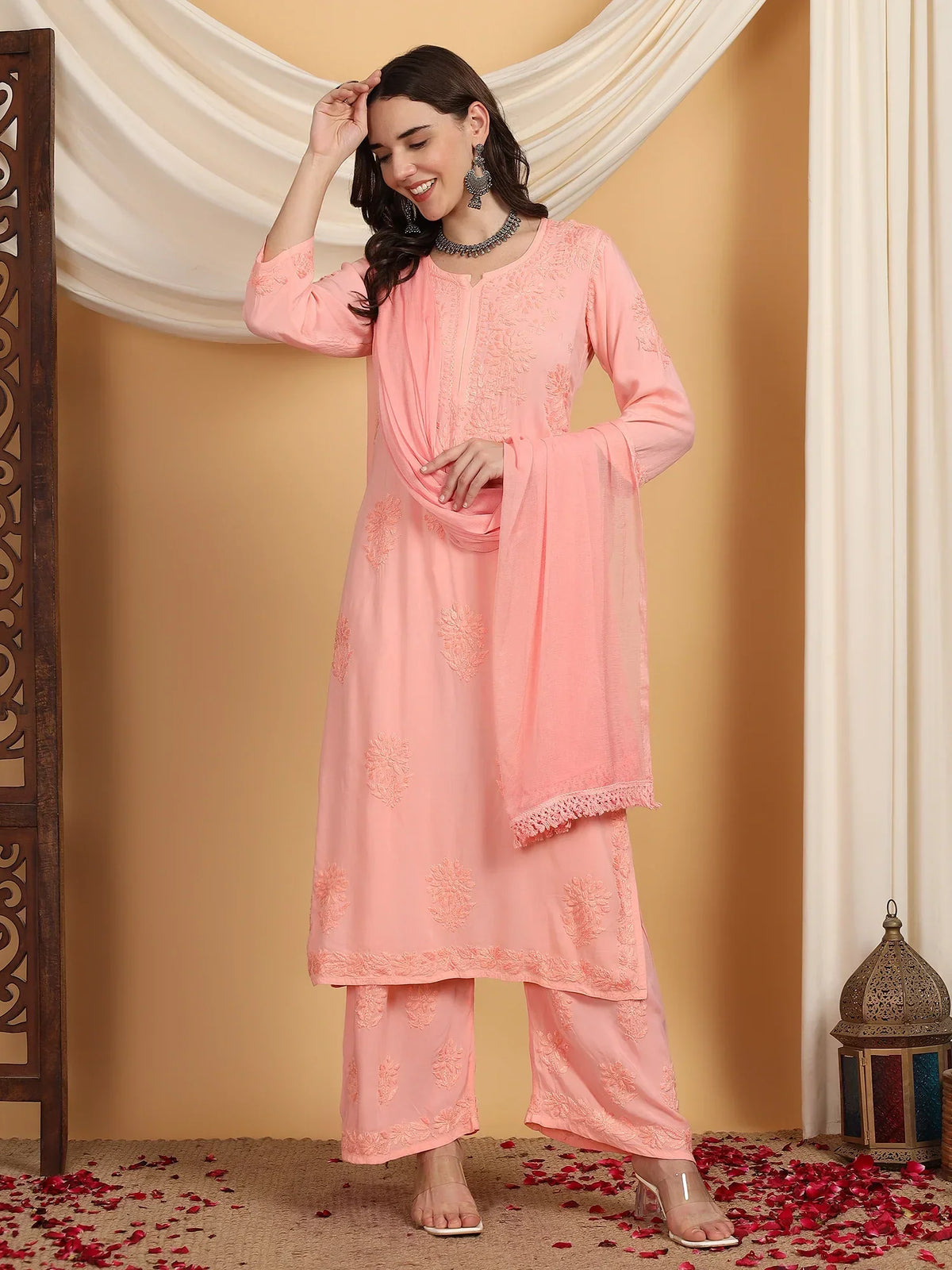 Farha Chikankari Premium Modal Co-ord Set (Peach)