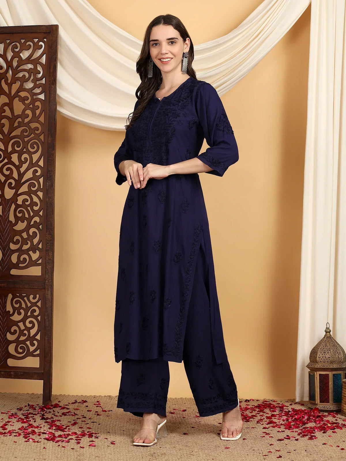 Faiza Chikankari Rayon Co-ord Set (Navy)