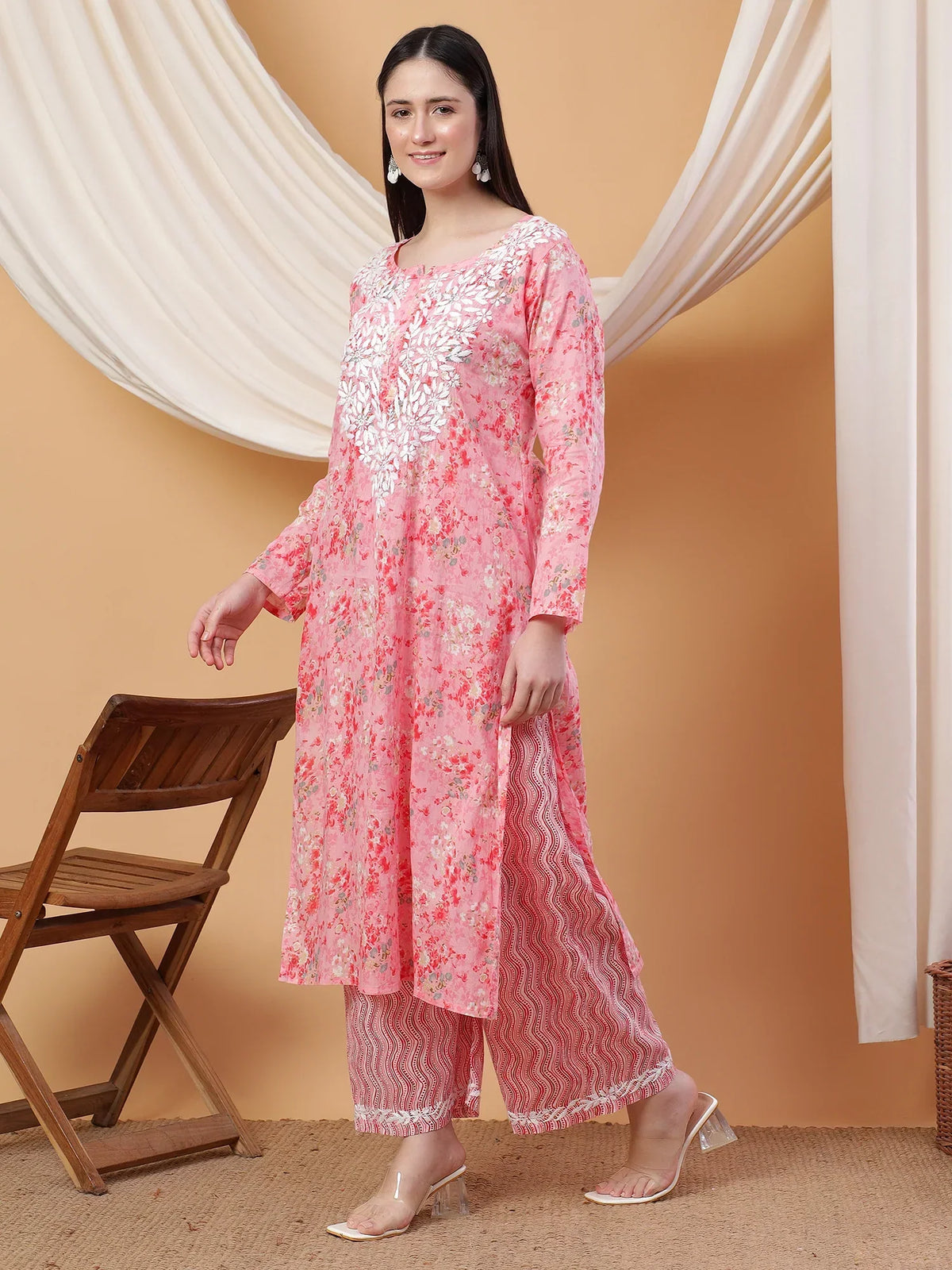 Anika Chikankari Mulmul Co-ord Set (Red)