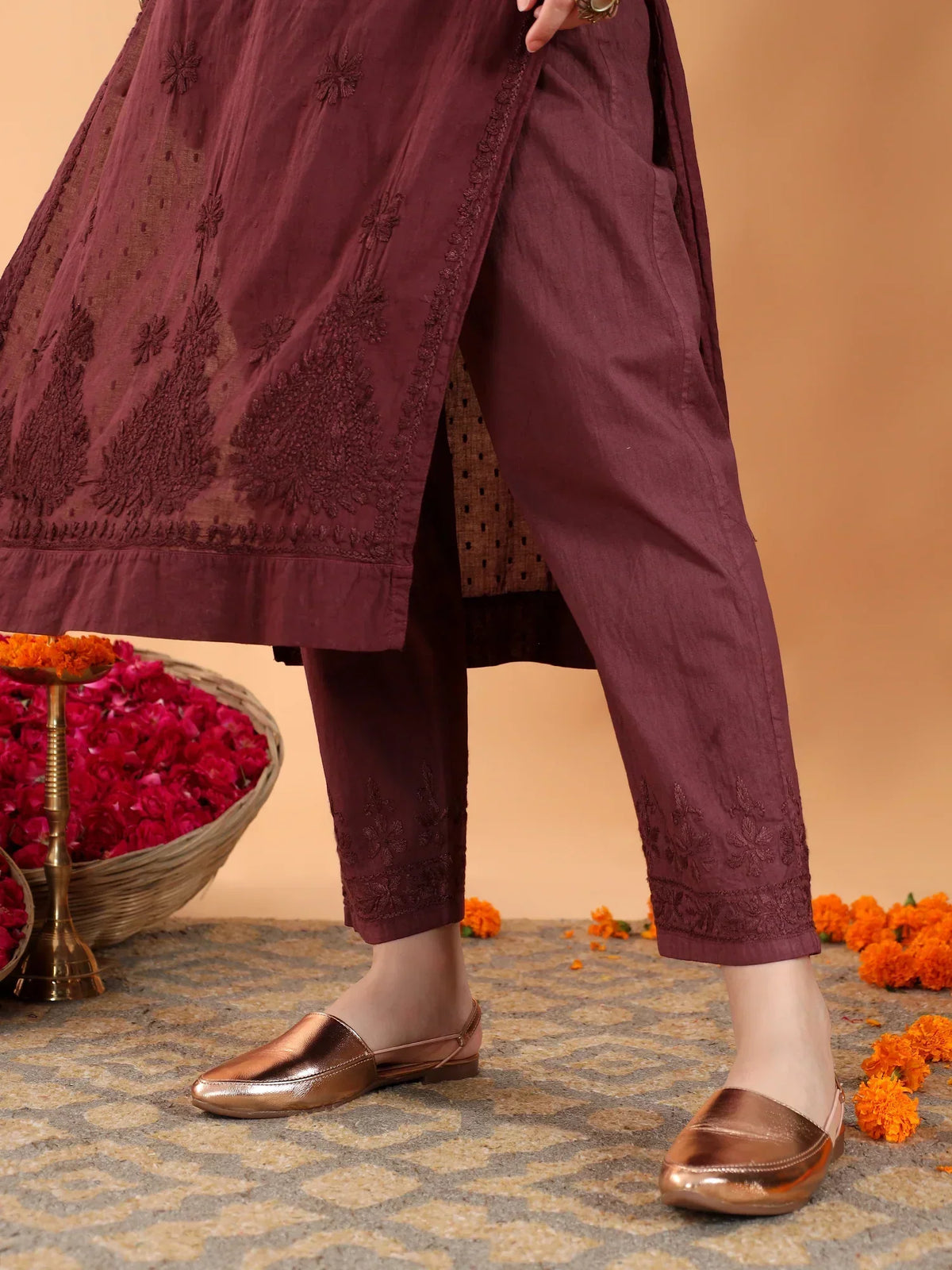 Ananya Chikankari Kurta Pant Cotton Co-ord Set (Brown)