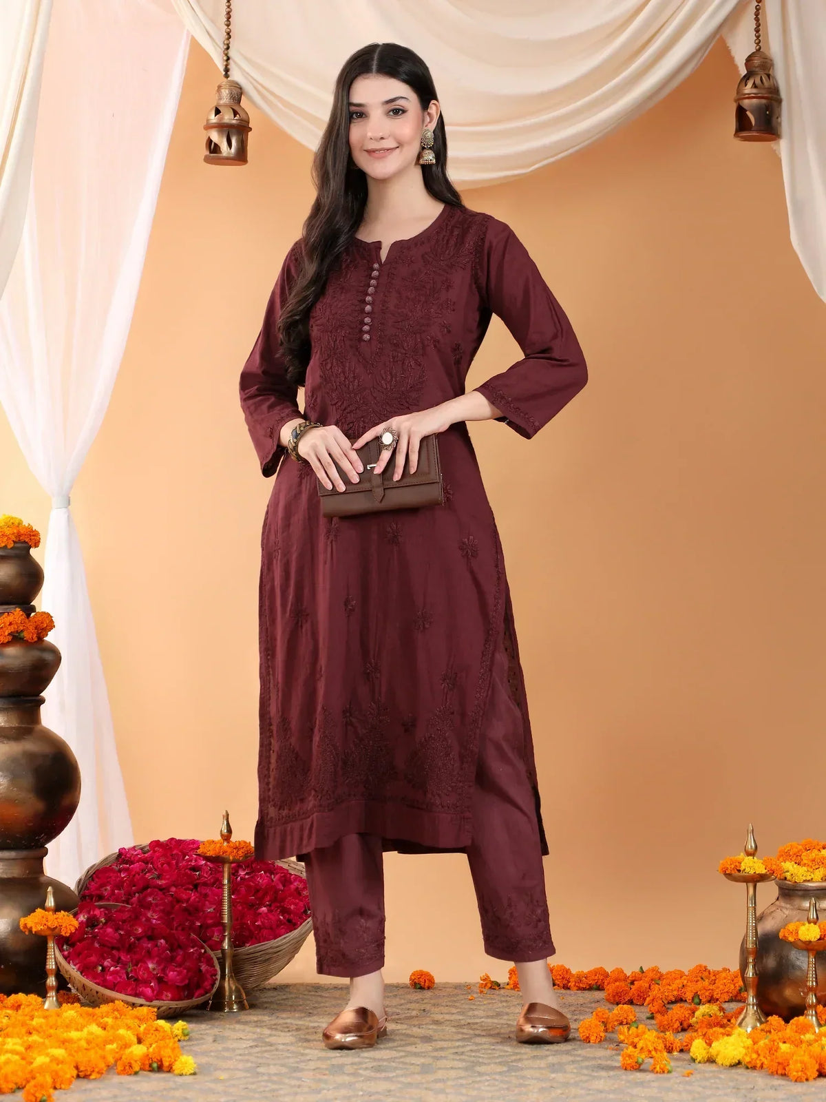 Ananya Chikankari Kurta Pant Cotton Co-ord Set (Brown)