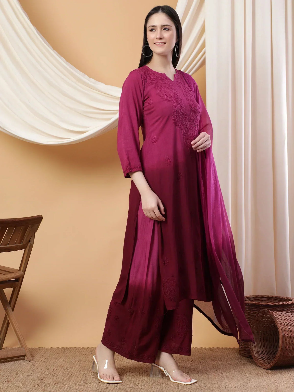 Meher Chikankari Ombre Rayon Co-ord Set (Wine)