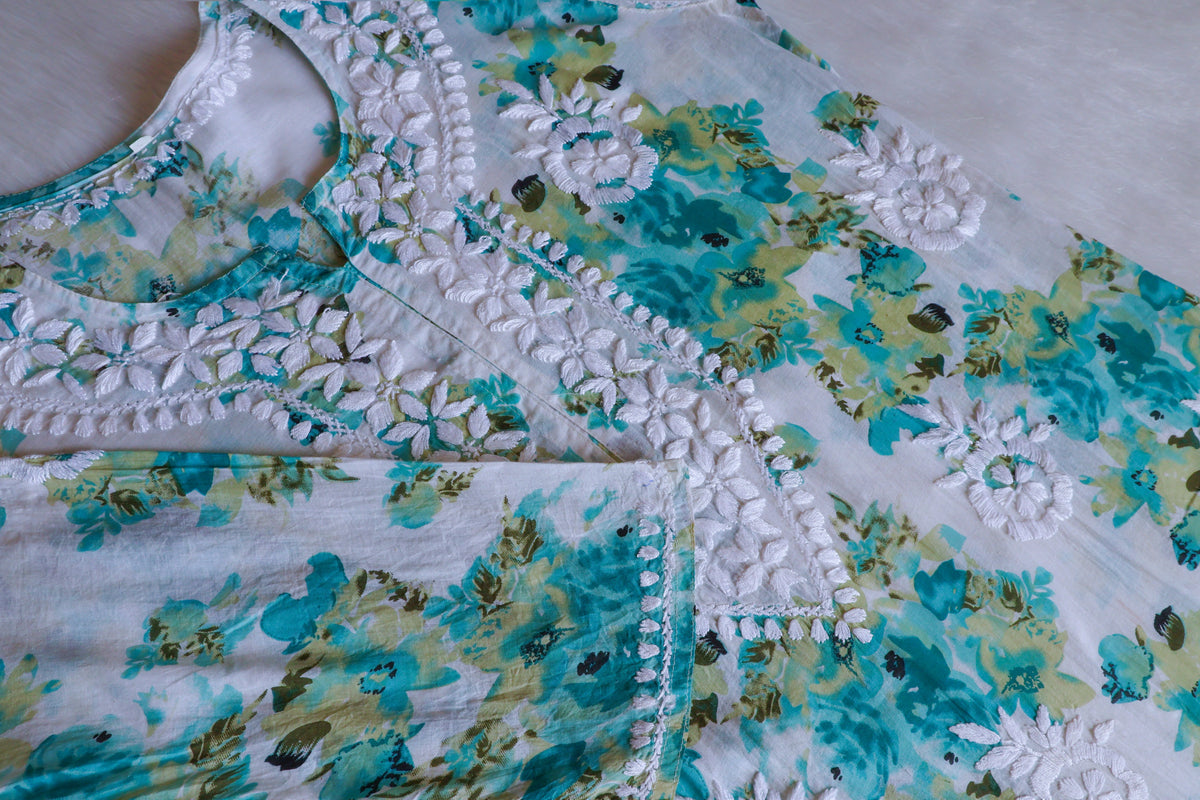 Gulshan White & Teal Green Pure Mulmul set