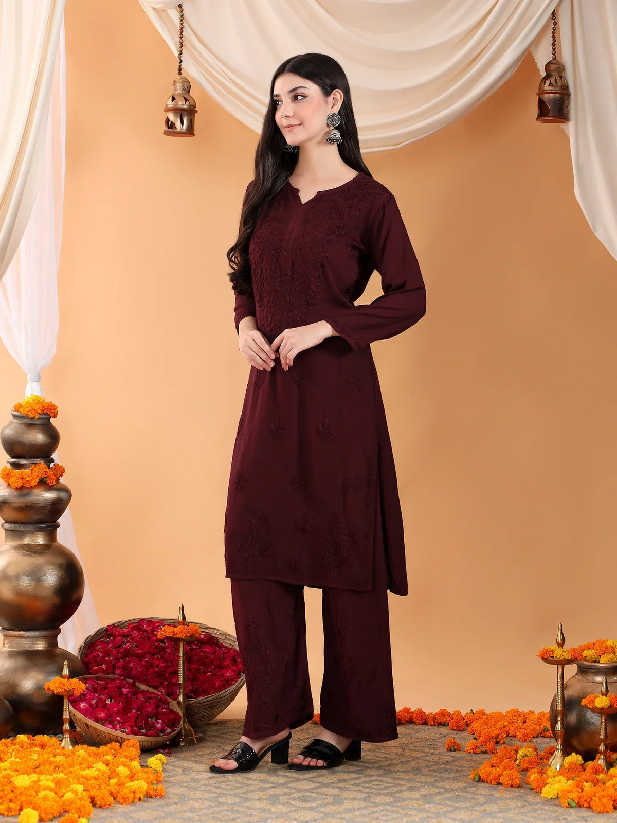 Maryam Chikankari Rayon Co-ord Set (Brown)