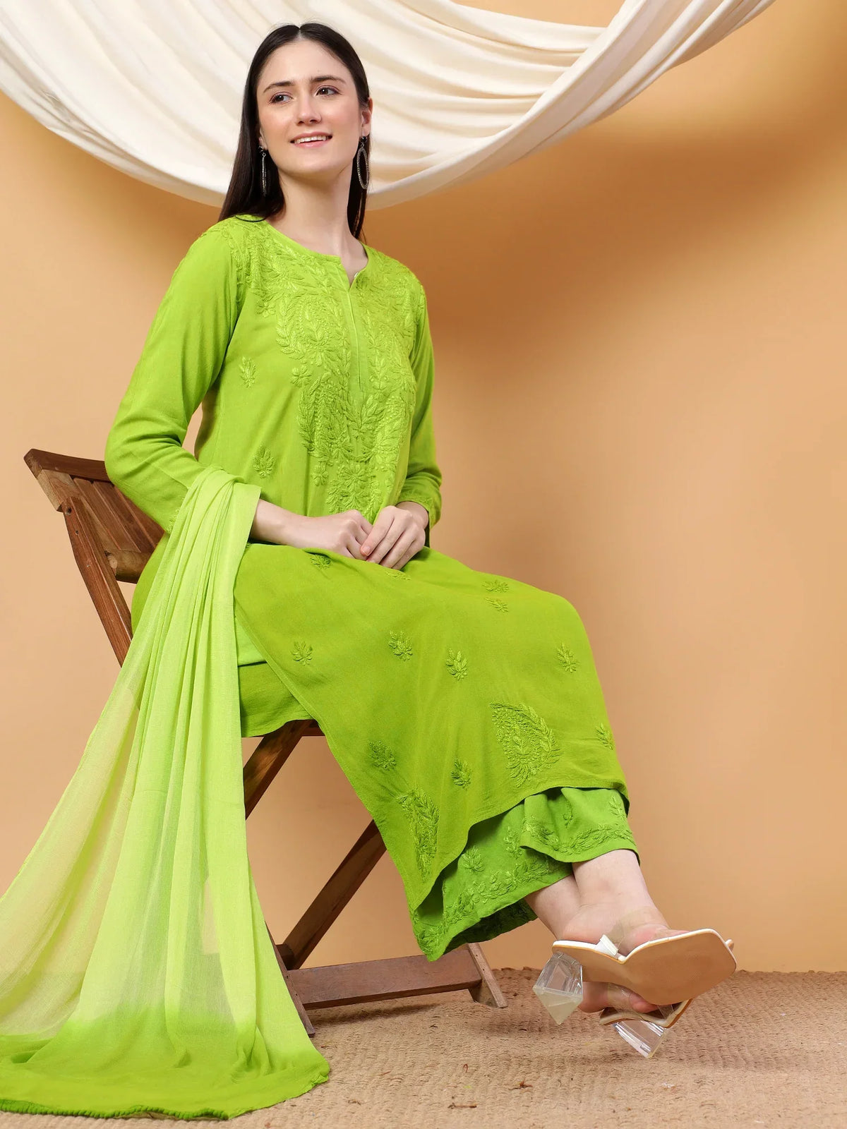 Meher Chikankari Ombre Rayon Co-ord Set (Green)