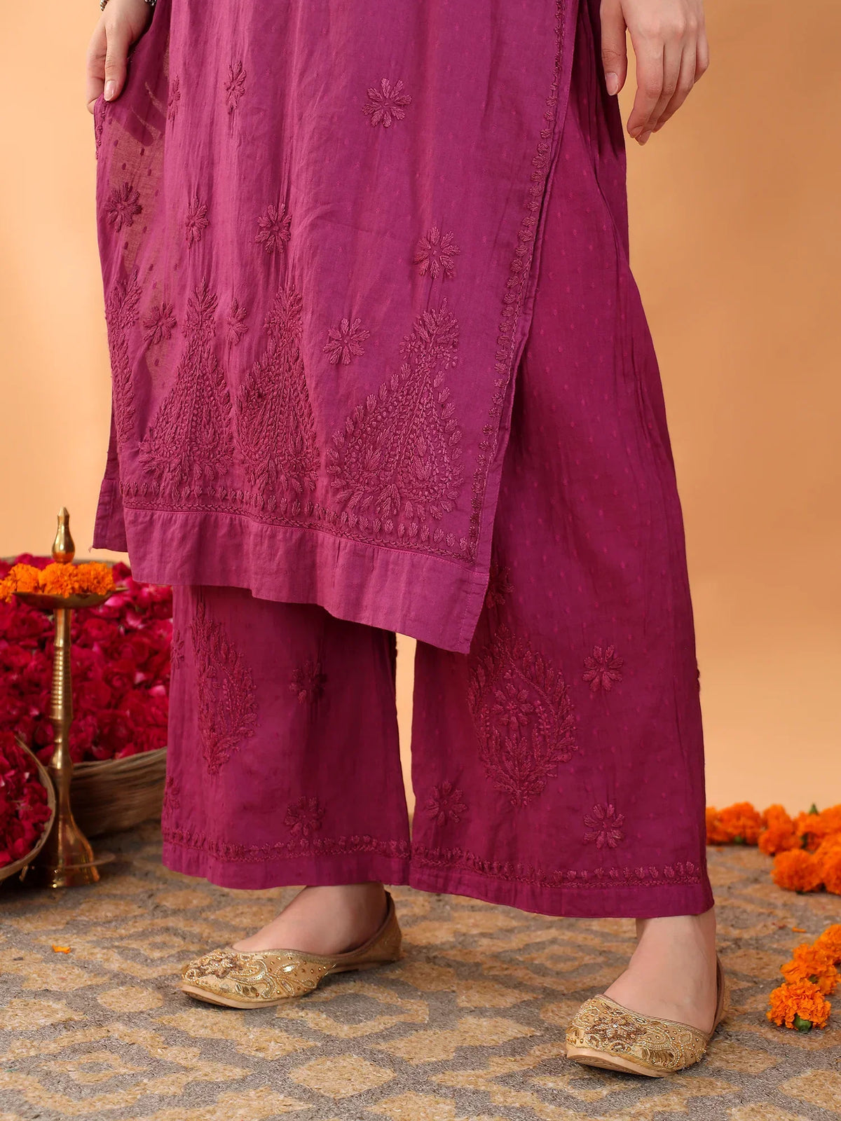 Priya Chikankari Kurta Palazzo Cotton Co-ord Set (Wine)