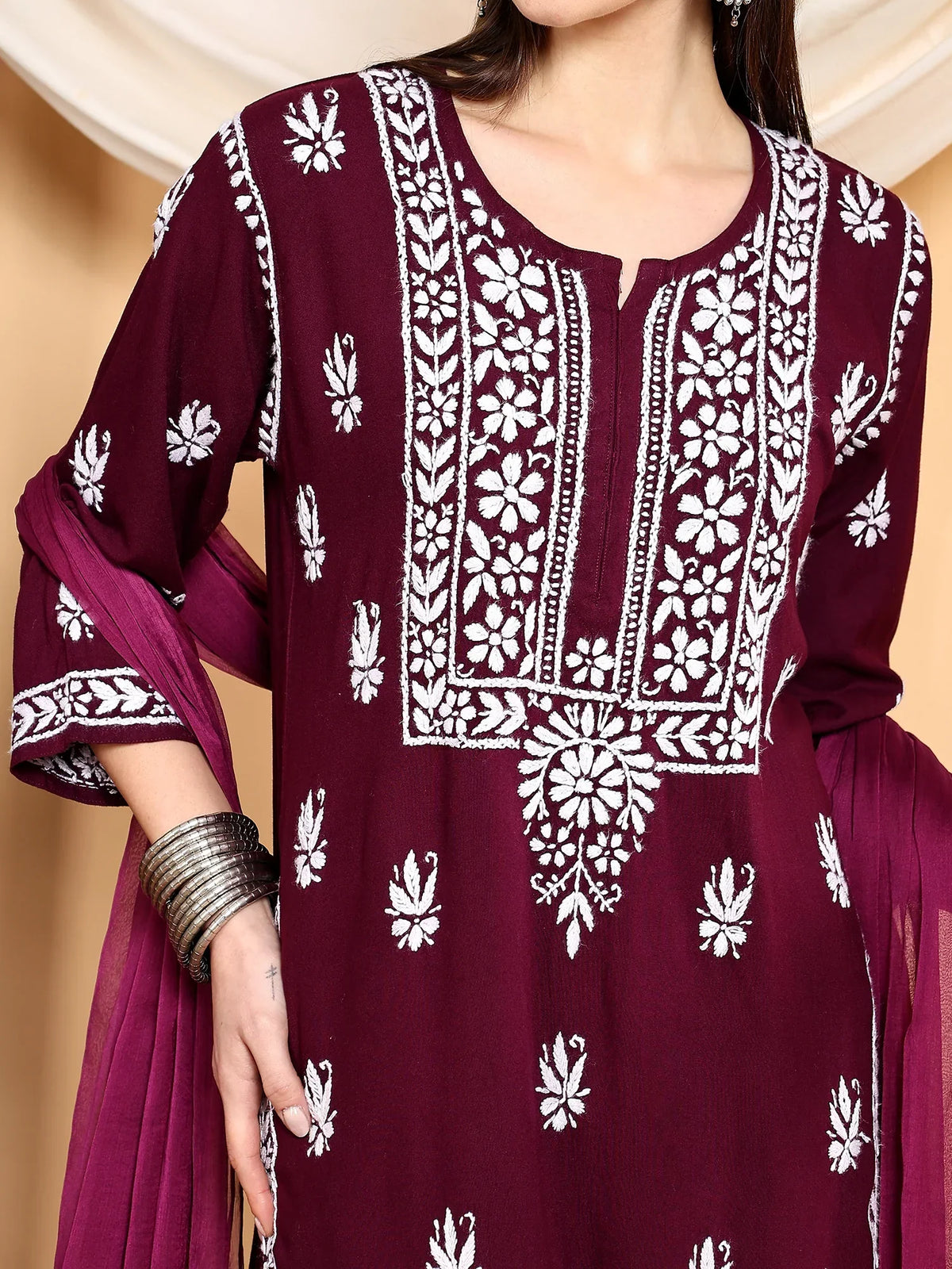 Haya Chikankari Rayon Co-ord Set (Wine)
