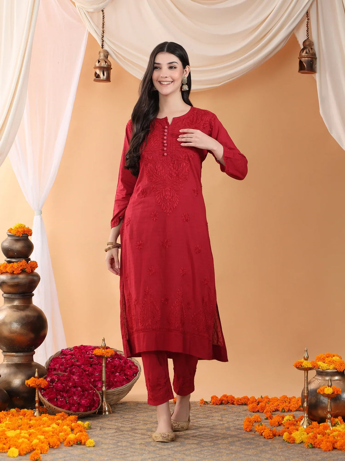 Ananya Chikankari Kurta Pant Cotton Co-ord Set (Maroon)