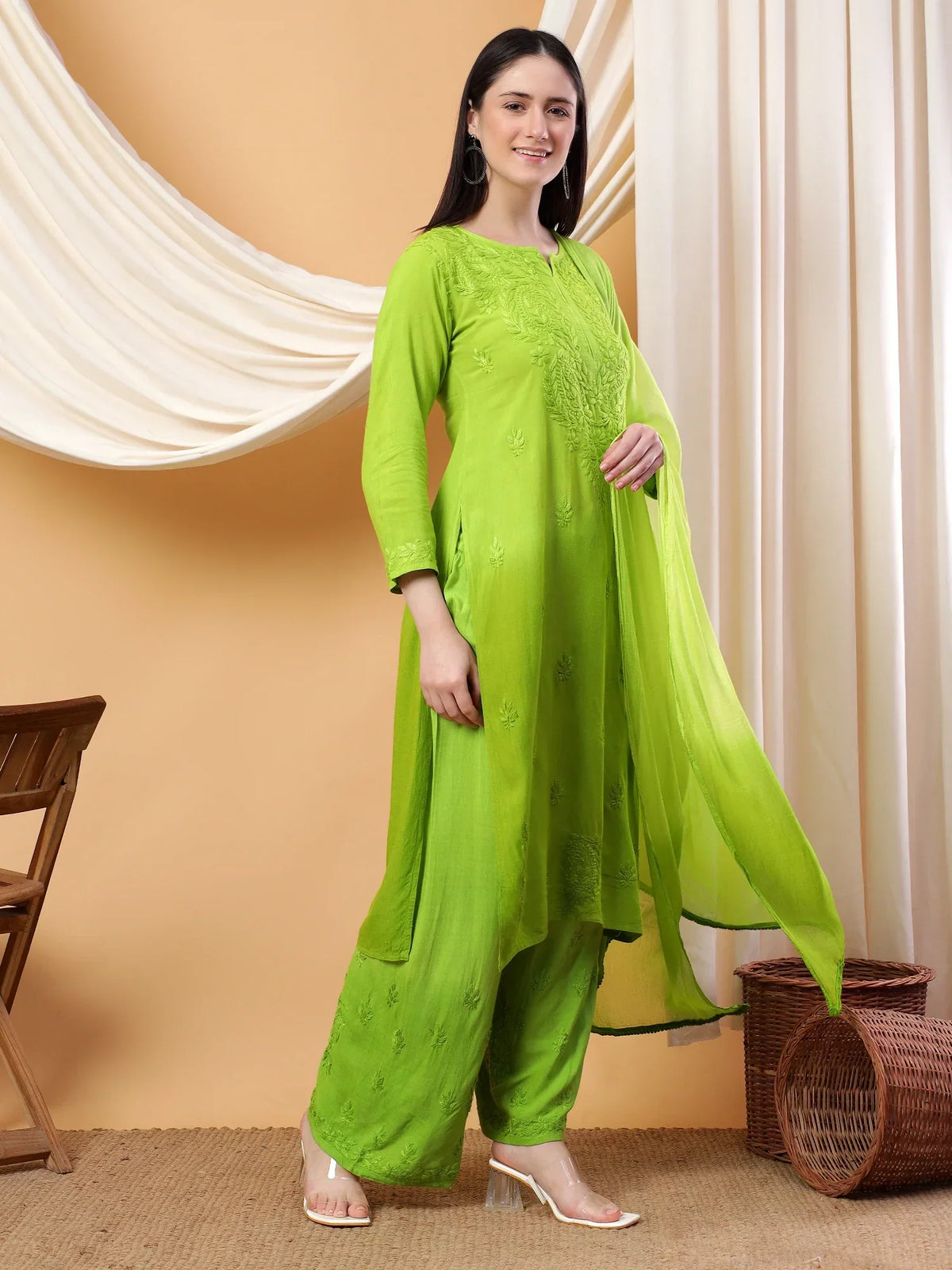 Meher Chikankari Ombre Rayon Co-ord Set (Green)