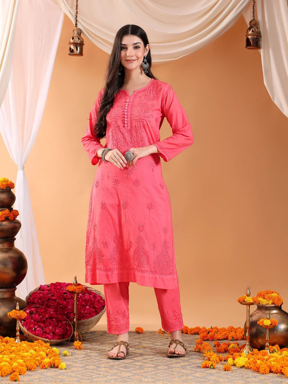 Ananya Chikankari Kurta Pant Cotton Co-ord Set (Coral)