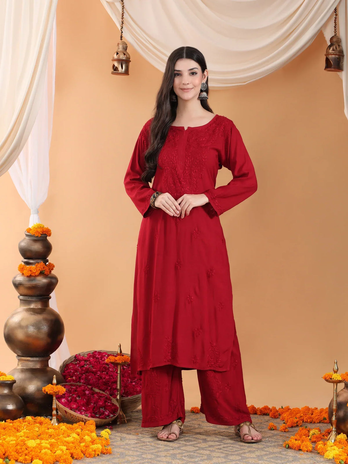 Maryam Chikankari Rayon Co-ord Set (Maroon)