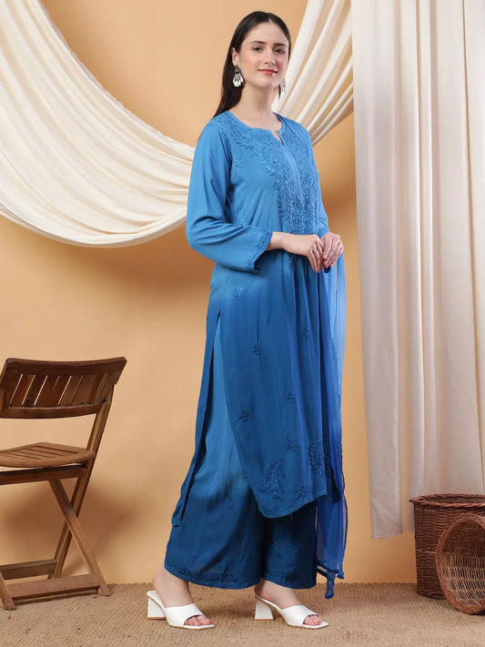 Meher Chikankari Ombre Rayon Co-ord Set (Green)
