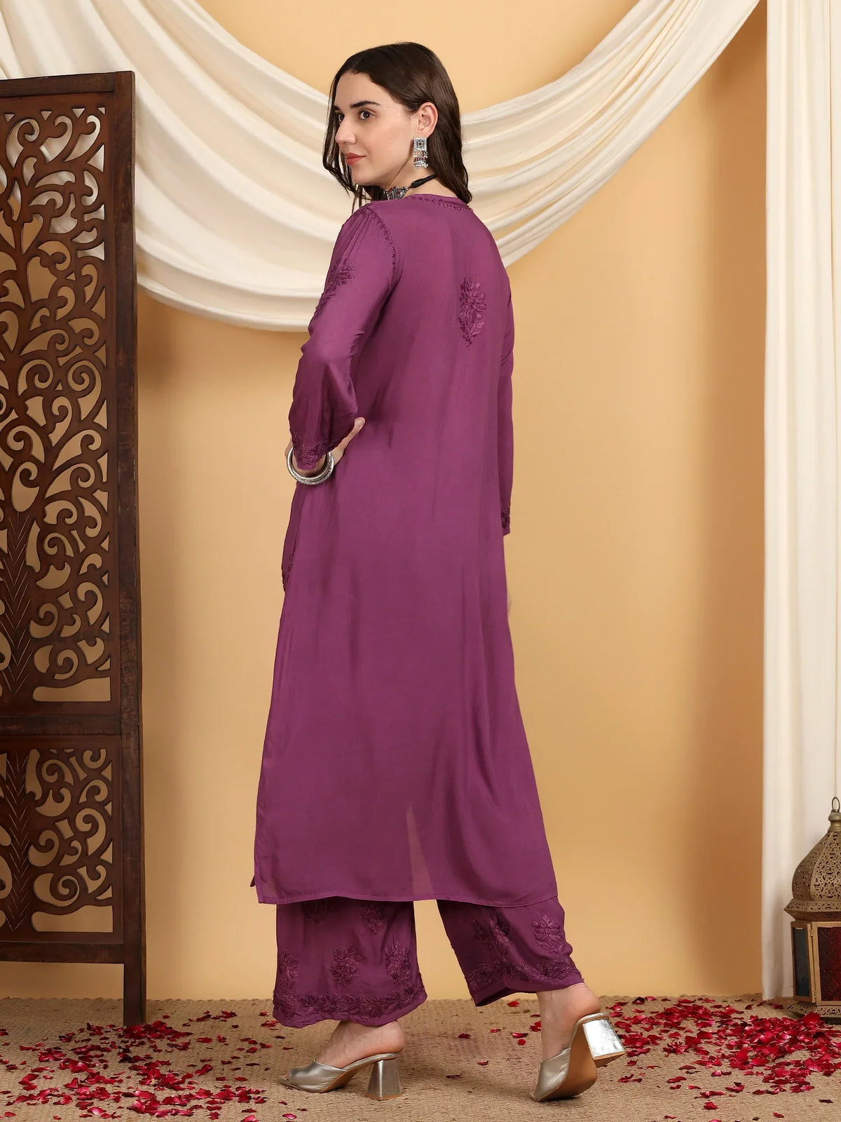 Farha Chikankari Premium Modal Co-ord Set (Wine)