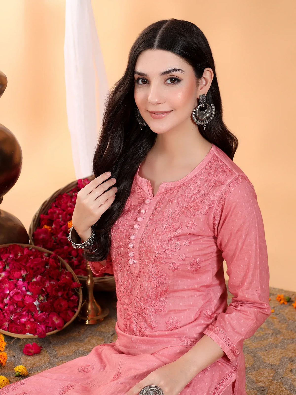 Priya Chikankari Kurta Palazzo Cotton Co-ord Set (Nude Coral)