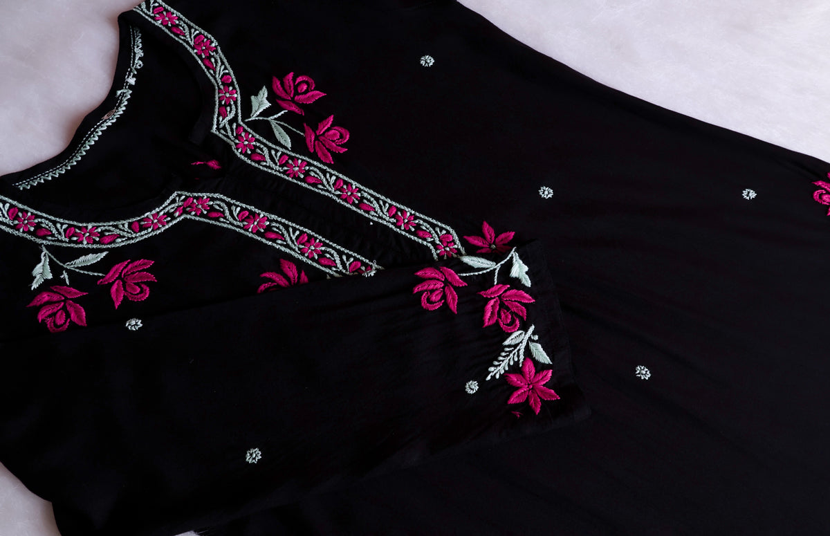 Gul Kashmiri Black & Deep Pink Modal Kurta Set