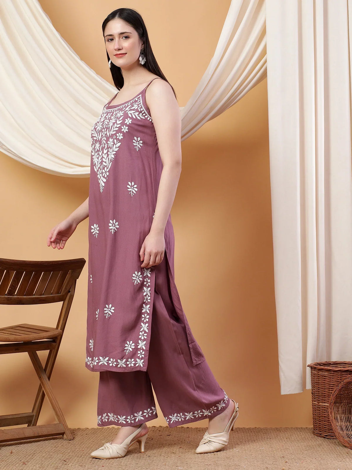 Raha Chikankari Strappy Rayon Co-ord Set (Mauve)