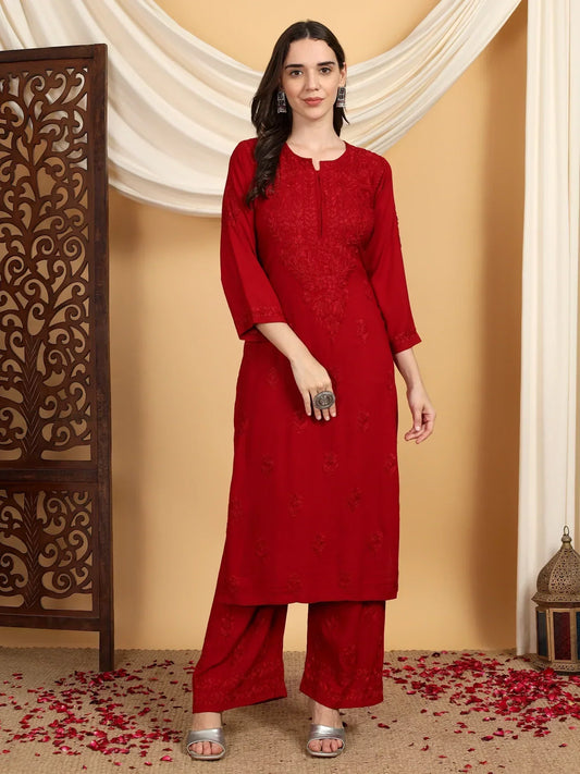Faiza Chikankari Rayon Co-ord Set (Maroon)