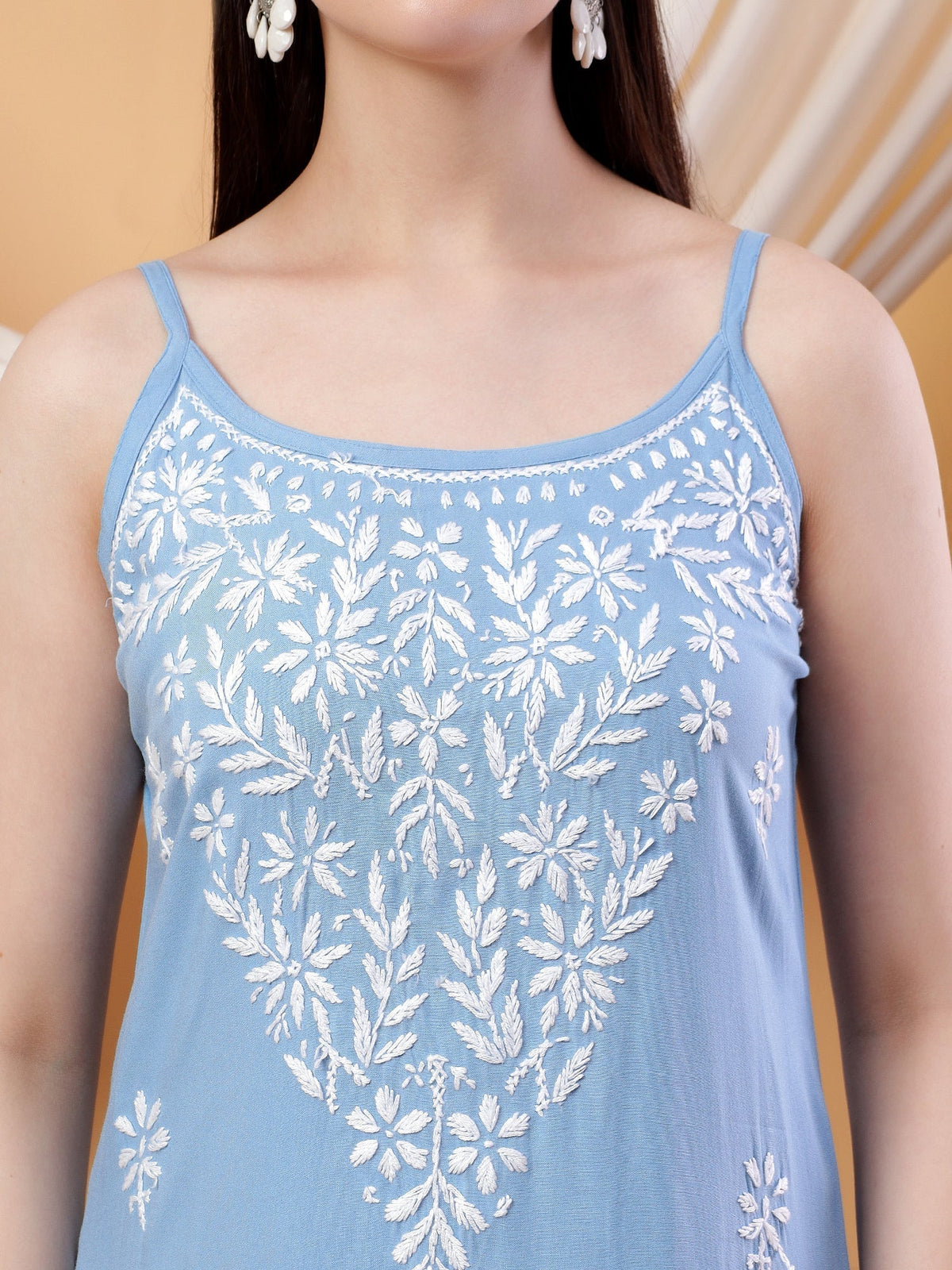Raha Chikankari Strappy Rayon Co-ord Set (Powder Blue)