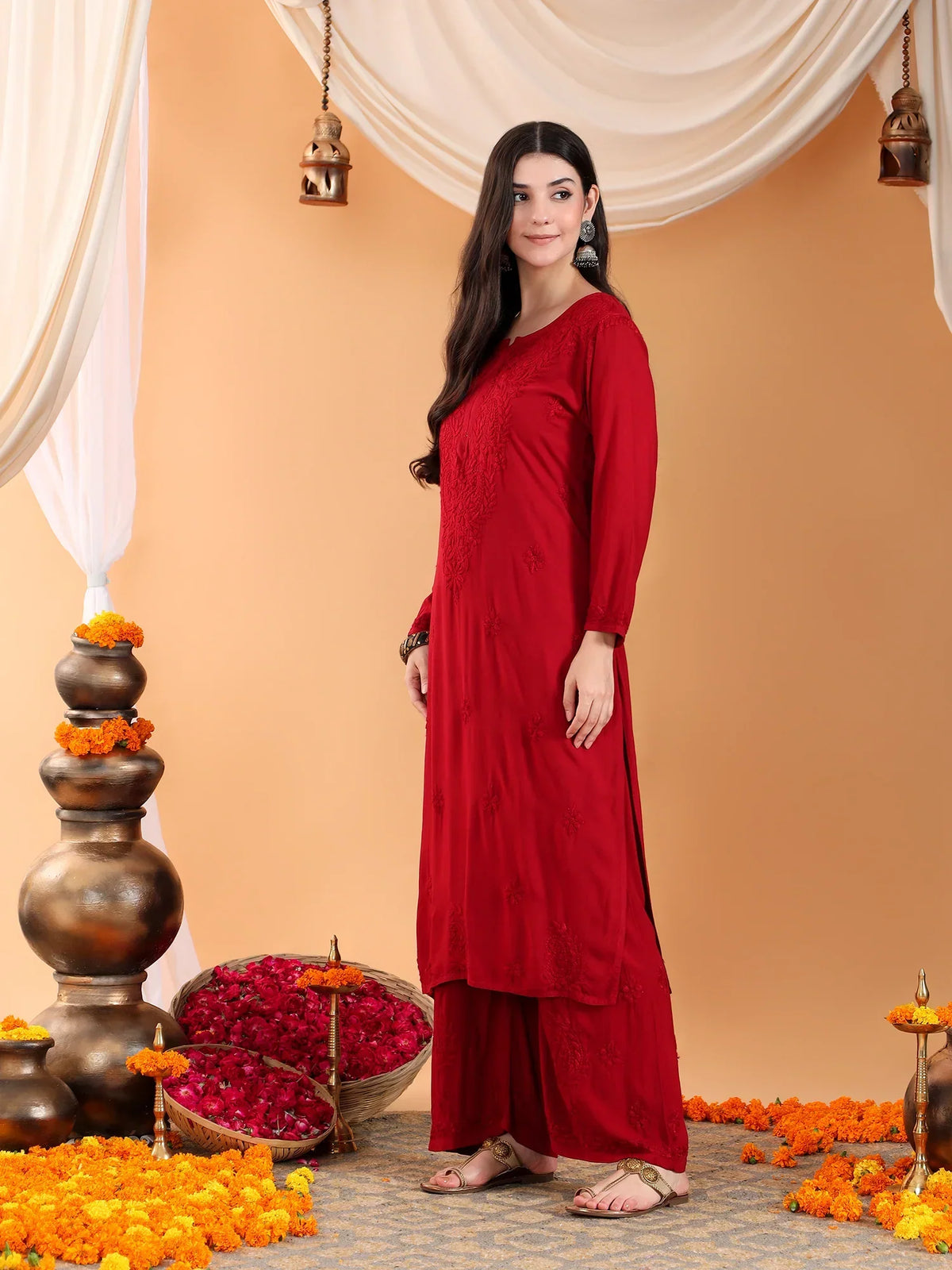 Maryam Chikankari Rayon Co-ord Set (Maroon)
