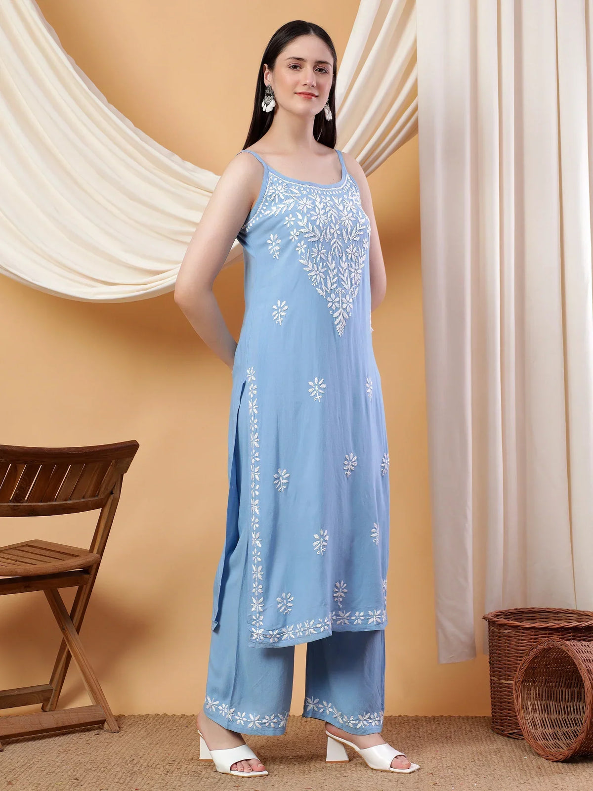 Raha Chikankari Strappy Rayon Co-ord Set (Powder Blue)