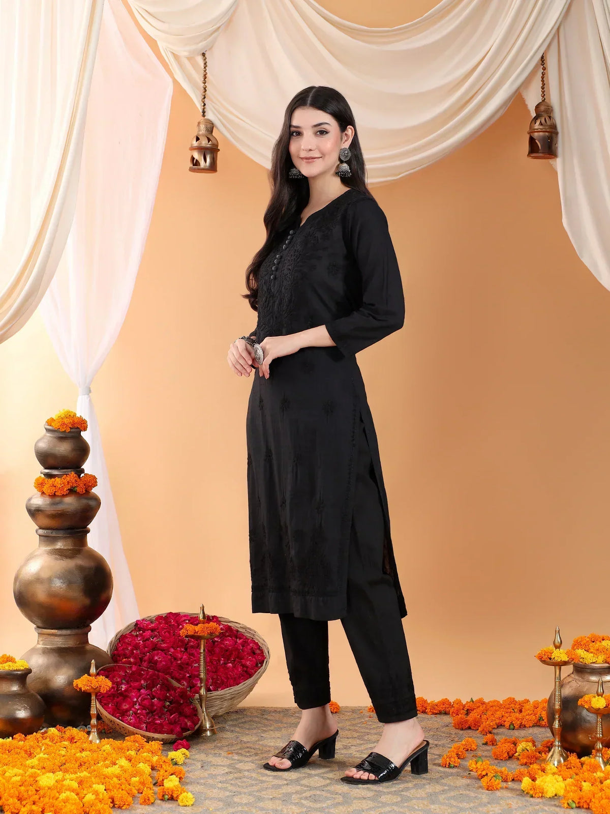 Ananya Chikankari Kurta Pant Cotton Co-ord Set (Black)