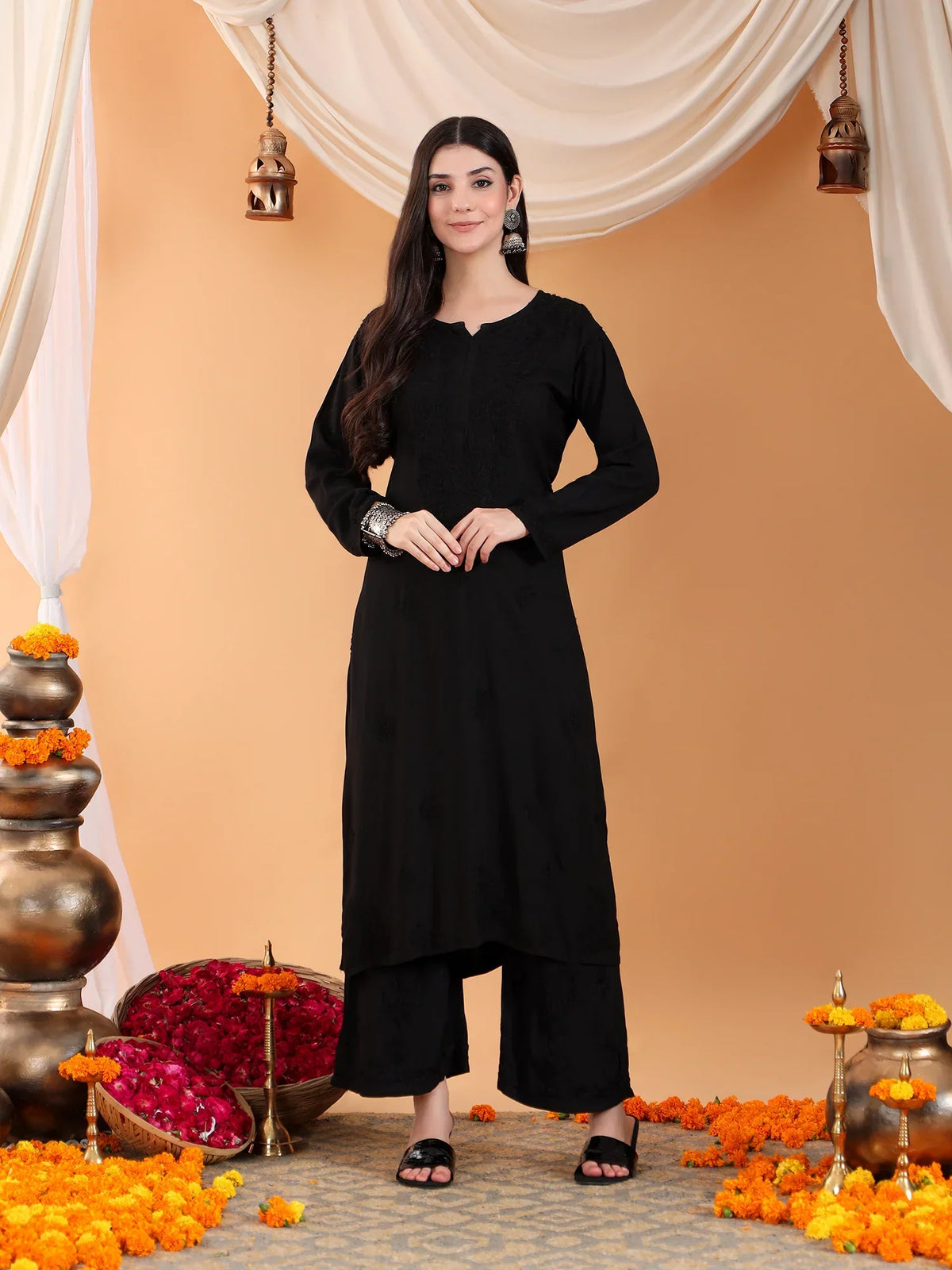 Maryam Chikankari Rayon Co-ord Set (Black)