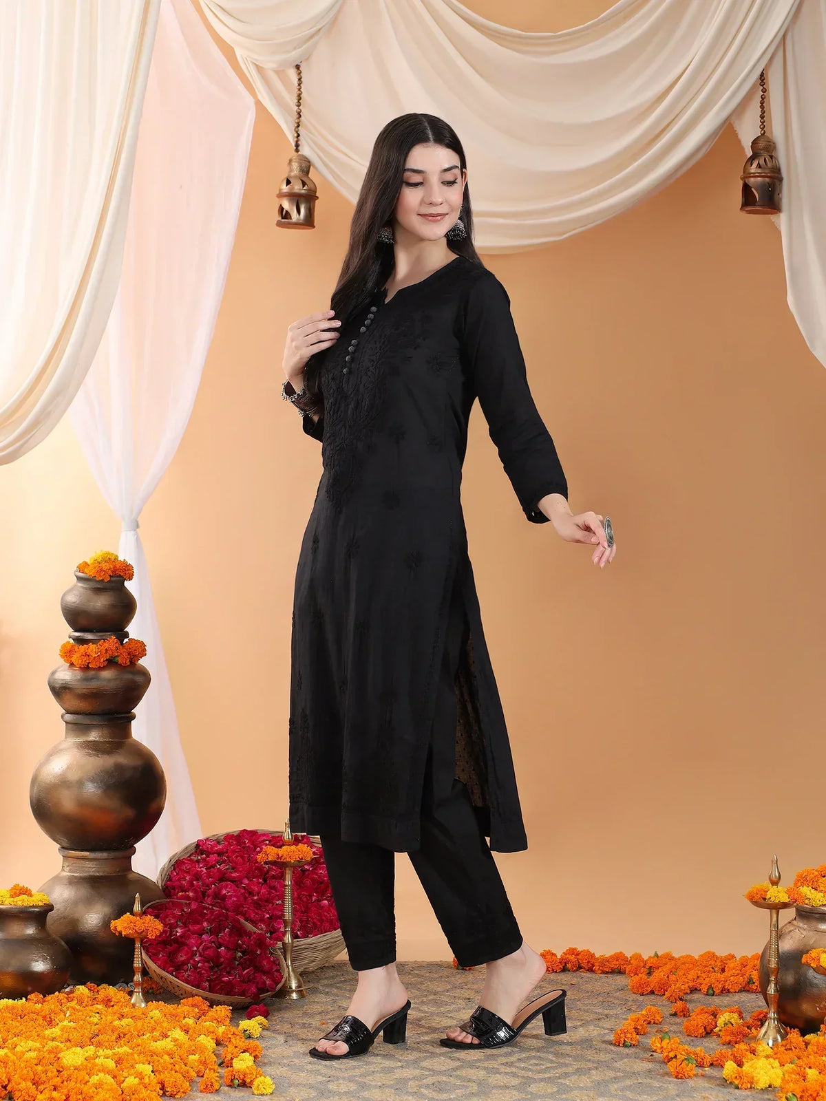 Ananya Chikankari Kurta Pant Cotton Co-ord Set (Black)